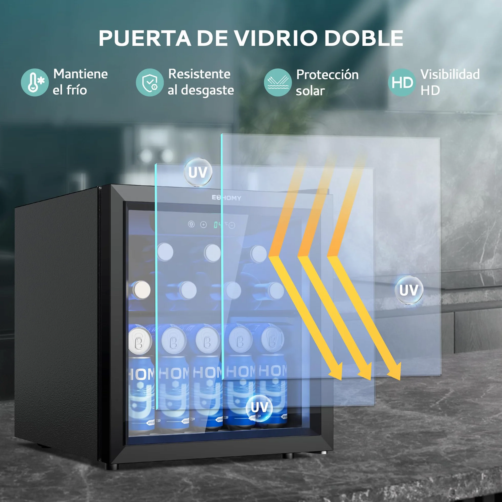 EUHOMY Frigorífico para Bebidas, Mini Frigorifico con Puerta de Cristal, Nevera Pequeña, Refrigerador de Sobremesa para 55 Latas, Mini Fridge para Oficina, 36 Litros, Mini Nevera de Bajo Ruido, Negro