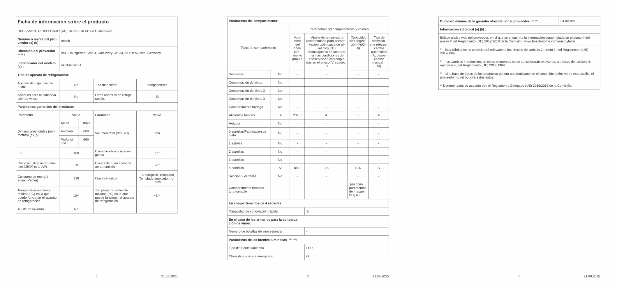 Bosch - Frigorífico Combinado, Libre Instalación, Serie 4, 60 cm de ancho, Total NoFrost, Blanco, KGN362WED