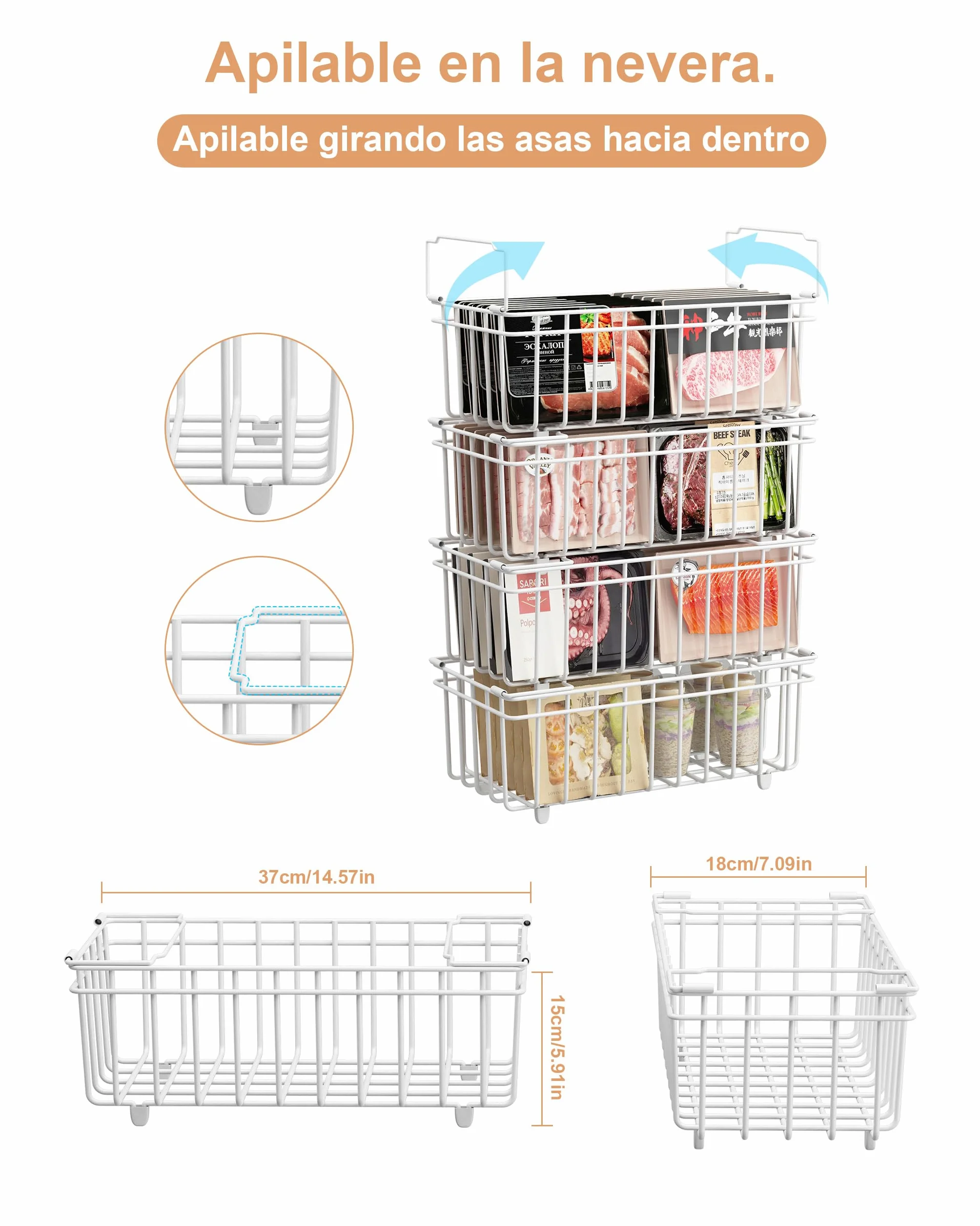 UMDONX Cesta para Congelador de 4 piezas blanco - Cestas apilables para congelador con asa, fácil acceso, para congelador de 198L, organizar ingredientes congelados (37x18x15cm)