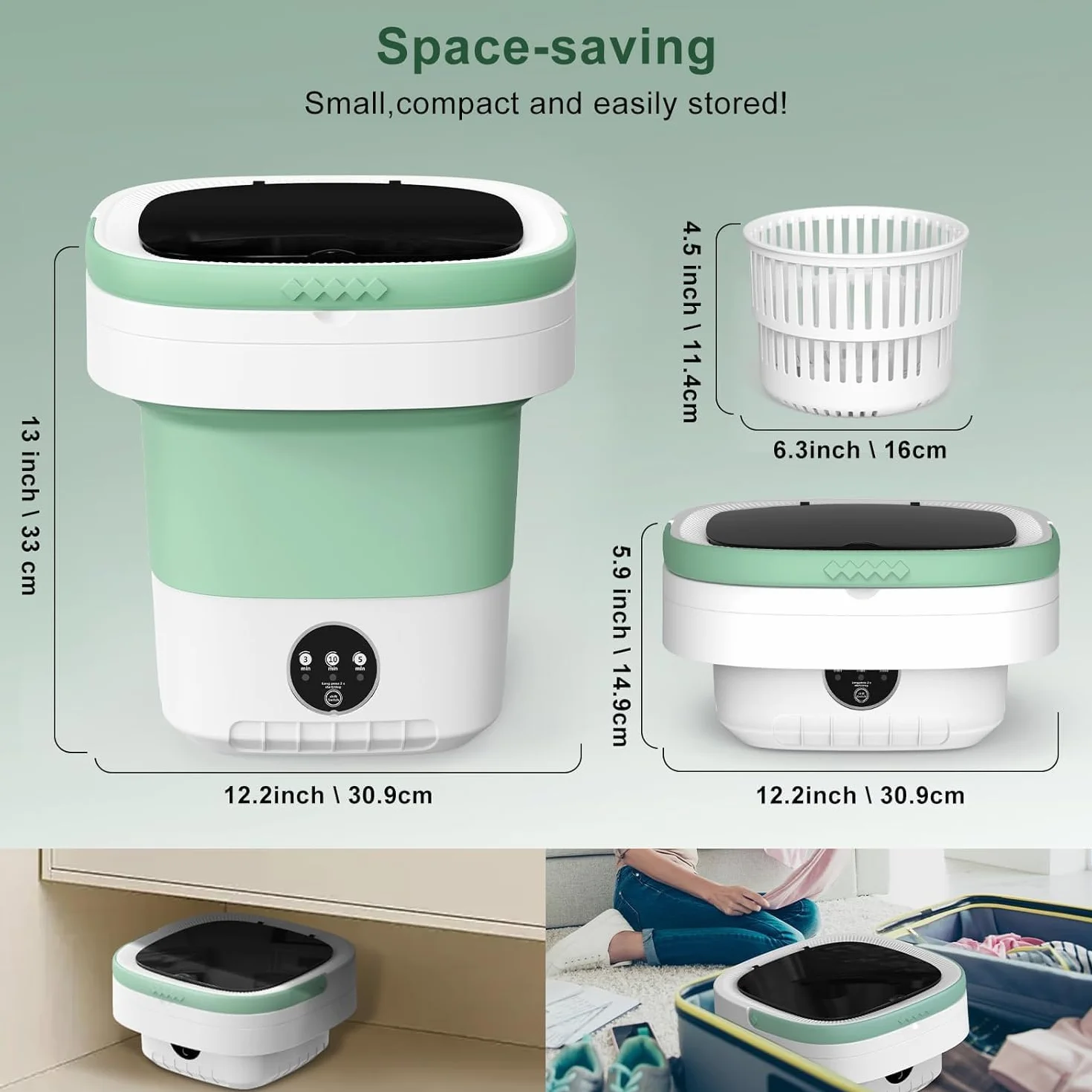 Lavadora Portátil de 12 Litros, Minilavadora Multifunción, Minilavadora y Secadora Plegables, Limpieza Profunda de Ropa Interior, Ropa de bebé y Otras Prendas Pequeñas (Enchufe