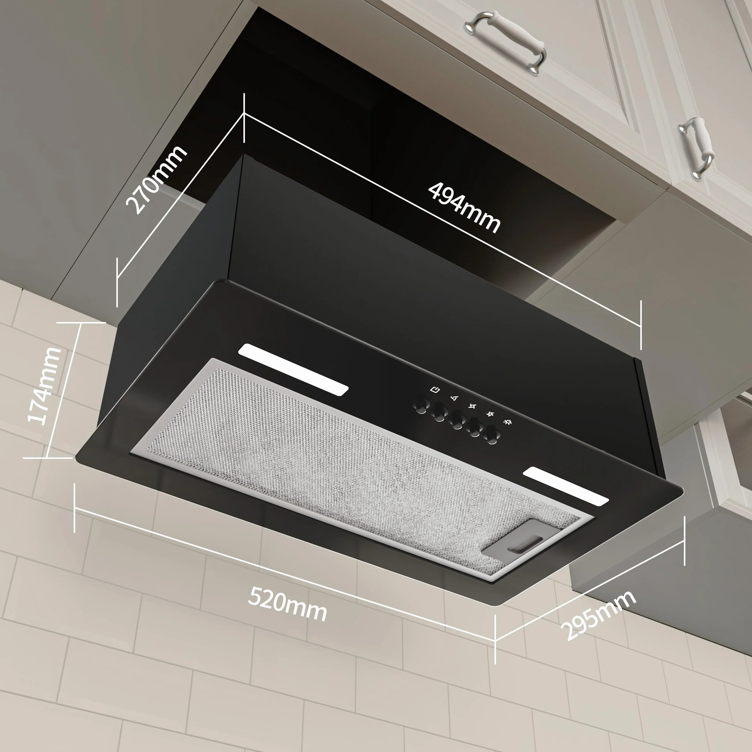 FIREGAS Campana Extractora Incorporada 52 cm,Campana de Cocina Negra con 3 Niveles de Potencia, 350 m³/h, Modo de Circulación de Aire, Filtro de Aluminio y Carbón