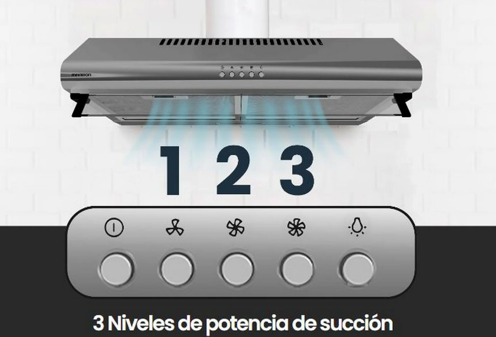INFINITON Campana Extractora CMPV-620XB10, 200 m3/h, Ancho 60 cm, Altura especial de 105cm para su instalación, Luz LED incorporada,3 Niveles de potencia de succión, Inox