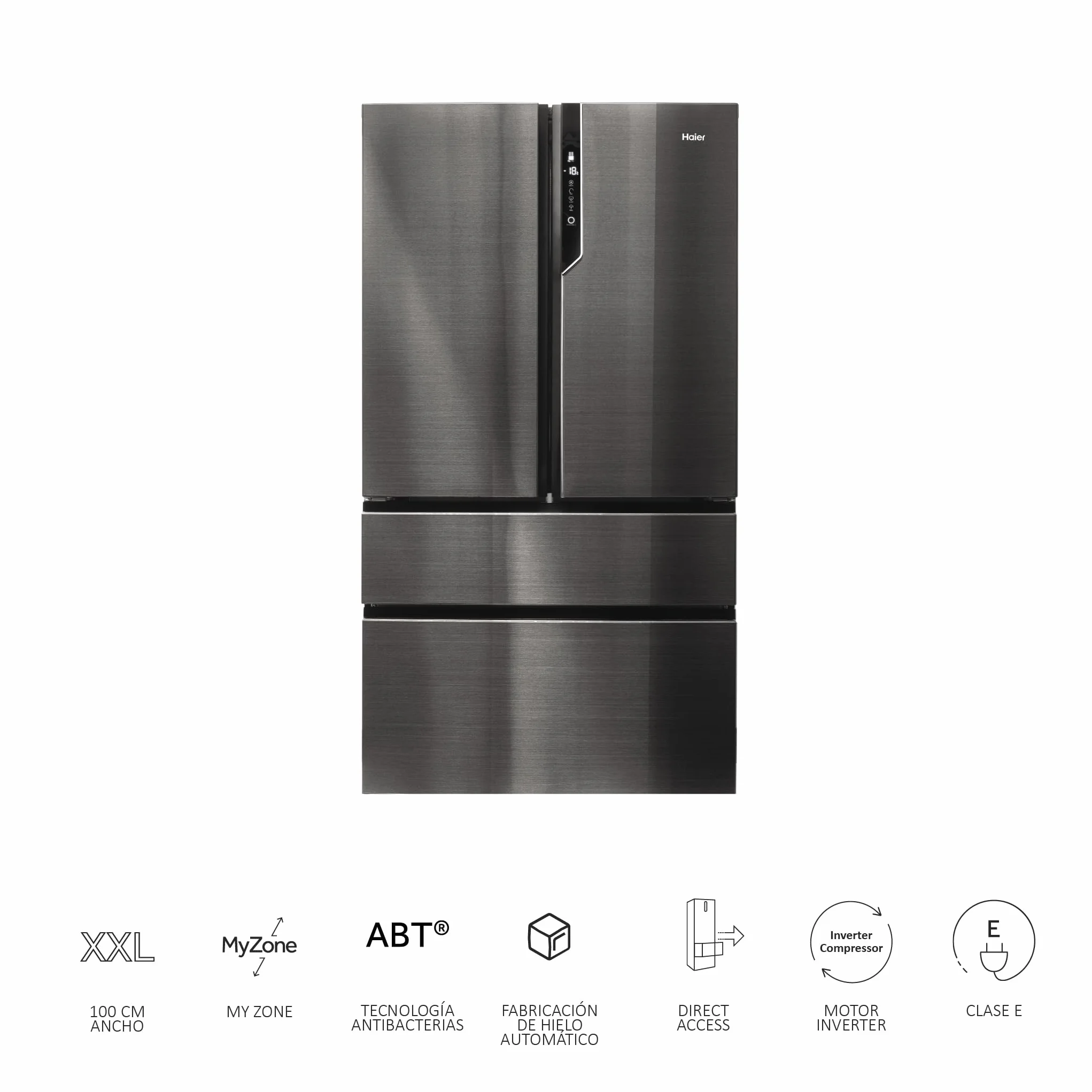 Haier FD 100 Series 7 HB26FSNAAA - Frigorífico, Puerta Francesa, Fabricación de Hielo Automática, Tecnología Antibacterias, Motor Inverter, Ancho 100cm, Capacidad XXL,Total No Frost, Titanium
