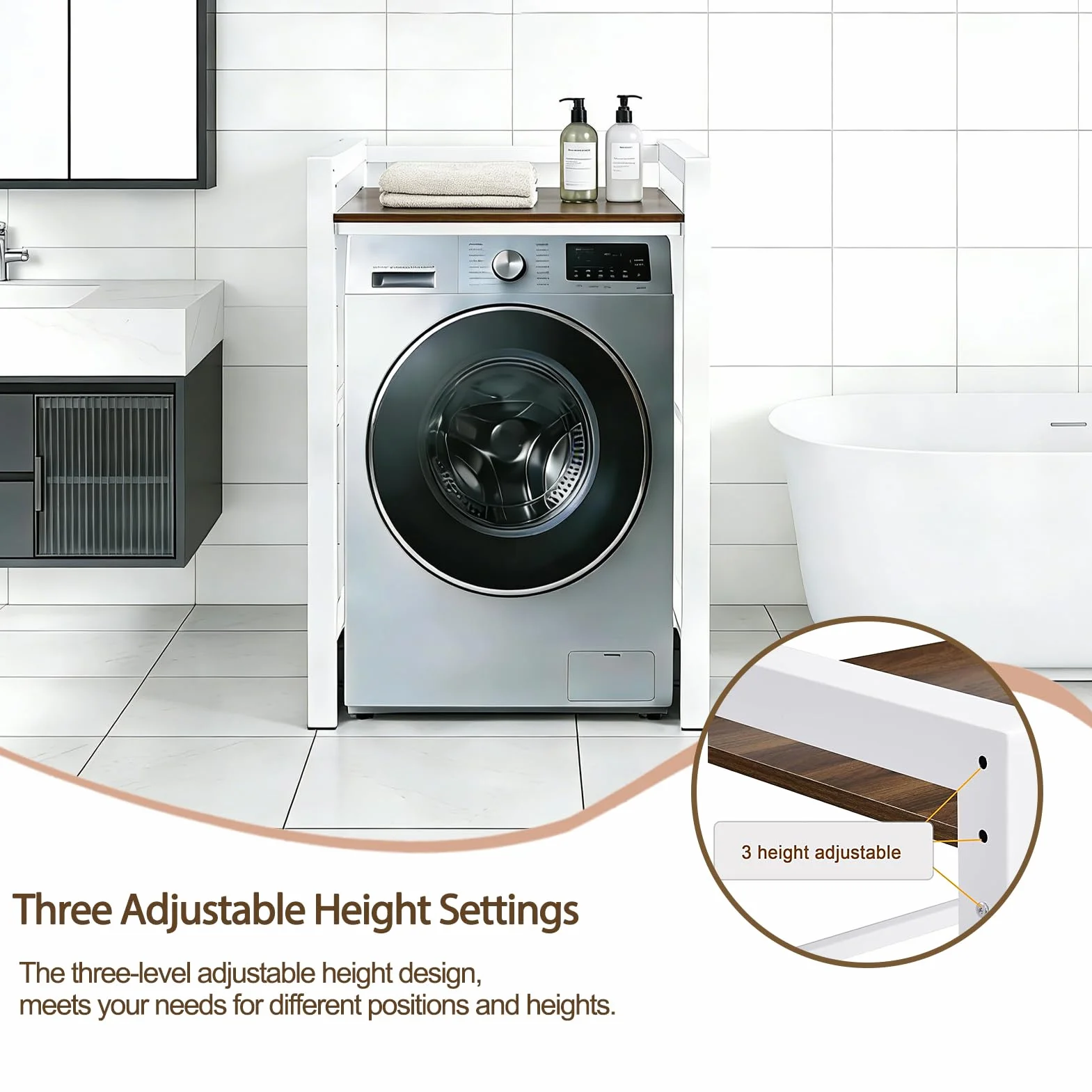 Mueble para Lavadora, Mueble para Lavadora y Secadora - Carga 350kg, Soporte Secadora Sobre Lavadoras - Ajuste de Altura de 3 Niveles, Armario Lavadoras Secadoras para Baño Balcón Lavandería (Blanco)