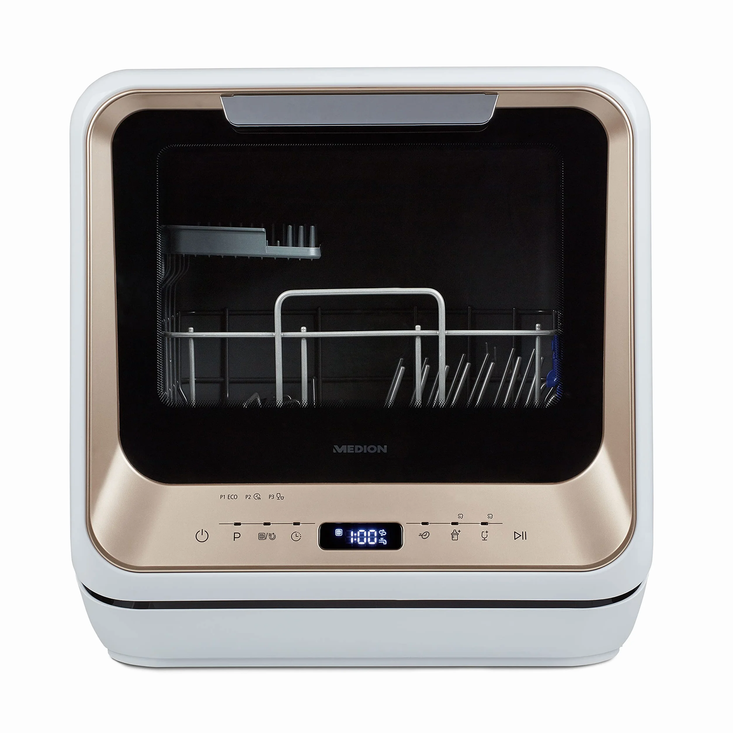 MEDION Mini lavavajillas MD 37217, lavavajillas pequeño para 2 cubiertos y 6 programas de limpieza, lavavajillas compacto con preselección de la hora de inicio