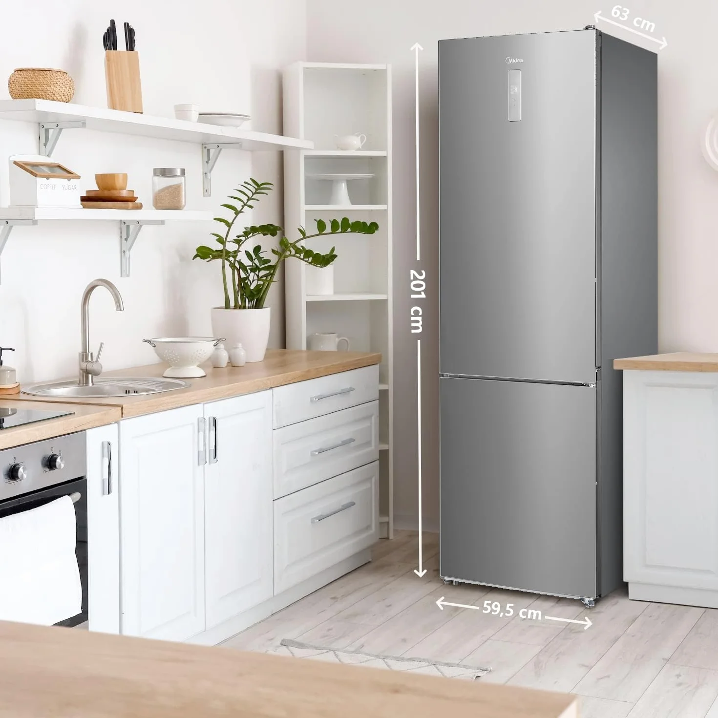 Midea Frigorífico Combi No Frost | 59,5 cm ancho x 201 alto cm | Inox | Nevera libre instalación 247 L + 83 L Congelador - Refrigerador de bajo consumo con congelador vertical