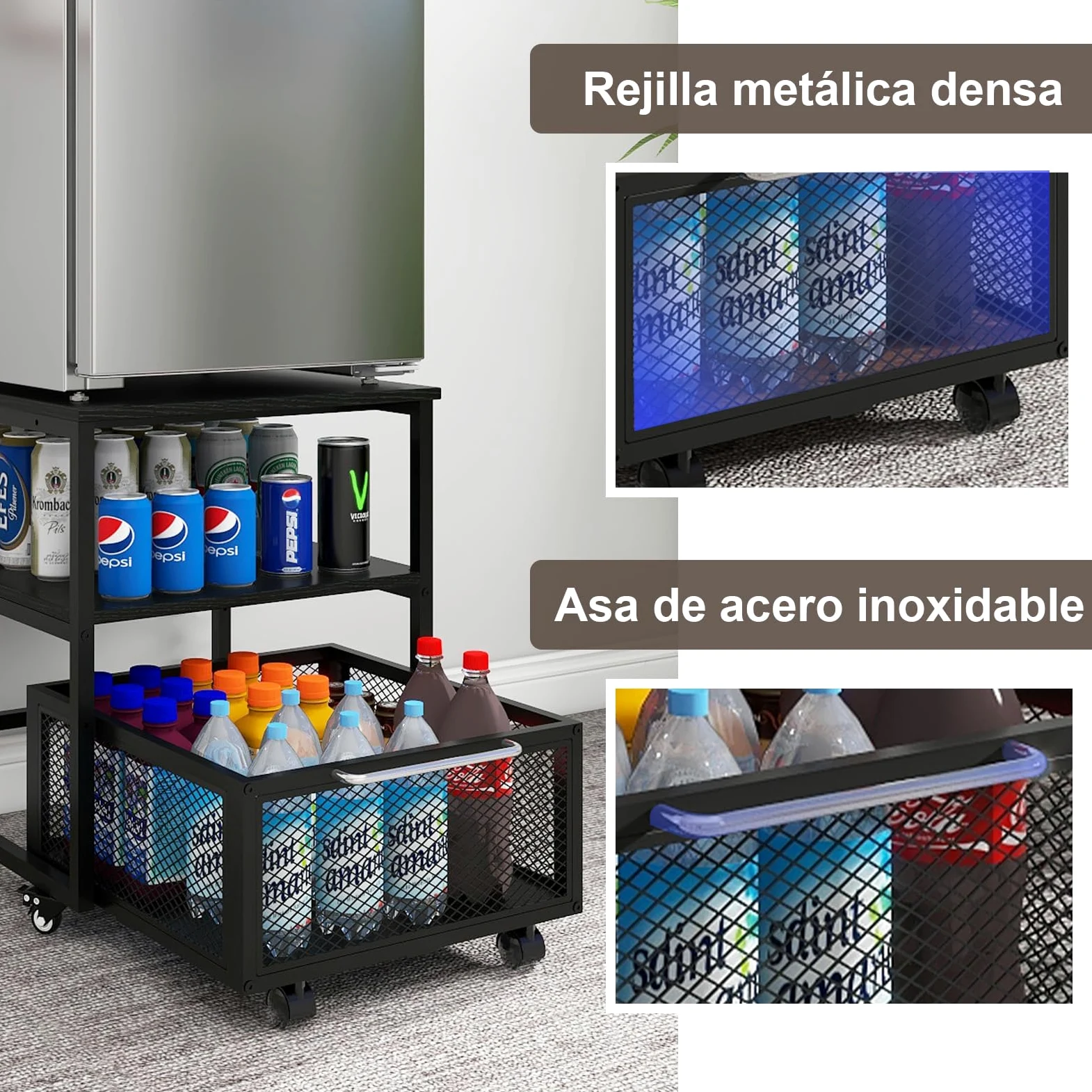PUNCIA Soporte para Mini Nevera 3 Niveles con Cesta Metálica para Oficina | Mueble Mesa para Frigorífico con Base Móvil para Refrigerador con Ruedas Estante de Almacenamiento con Cajón Cocina Salón