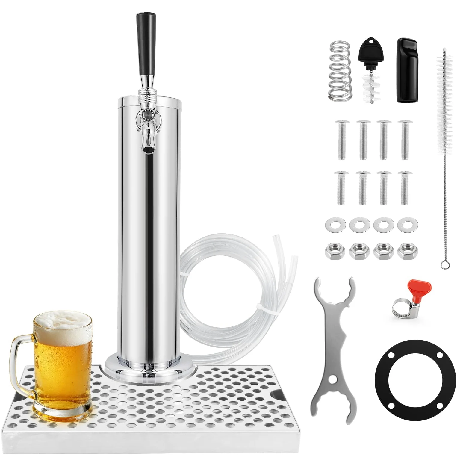 Torre de grifo de cerveza Kegerator de un solo grifo con bandeja de goteo de cerveza de acero inoxidable, torre de barril de cerveza preinstalada con bandeja de goteo de barril de piezas Kegerator