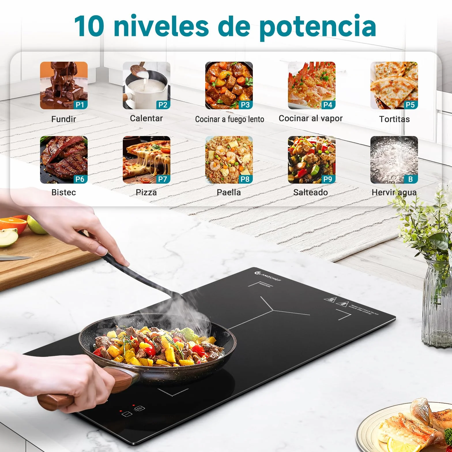Placa de inducción con zonas flexibles, AMZCHEF placa induccion doble con 9 niveles de potencia, calentamiento intermitente, panel de control de moda, cerradura de seguridad, 3300W, negro