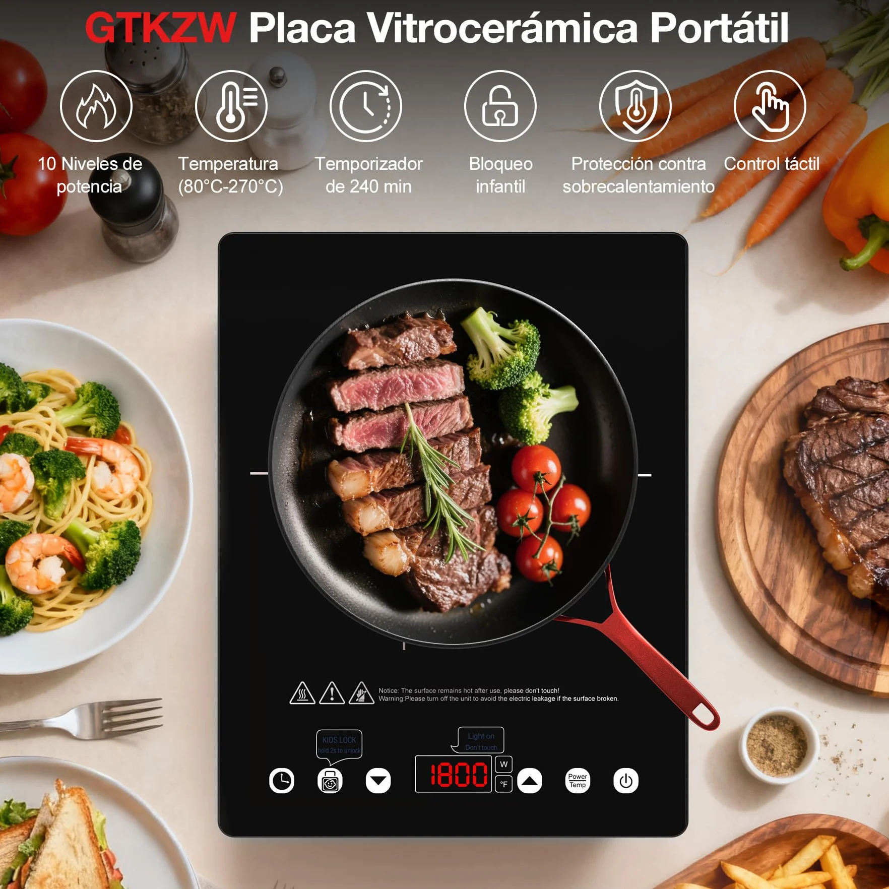 Placa Vitrocerámica 1 Fuego 2000W: Hornillo Eléctrico Portátil con 10 Niveles de Potencia y Temperatura, Temporizador, Compatible con Todas las Ollas, ideal para camping, cocina y oficina