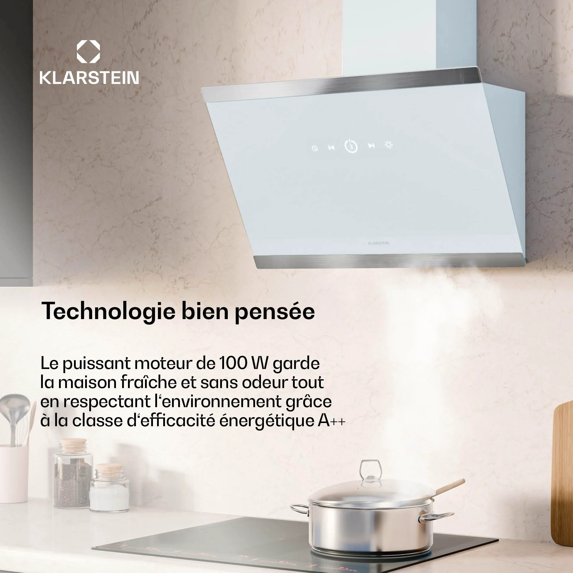 Klarstein FlashLine Campana extractora - 60cm campana cocina decorativa, pantalla táctil, 578 m³/h, a++ eficiencia energética, iluminación led, silenciosa 34,5 db, blanca, conductos & recirculación
