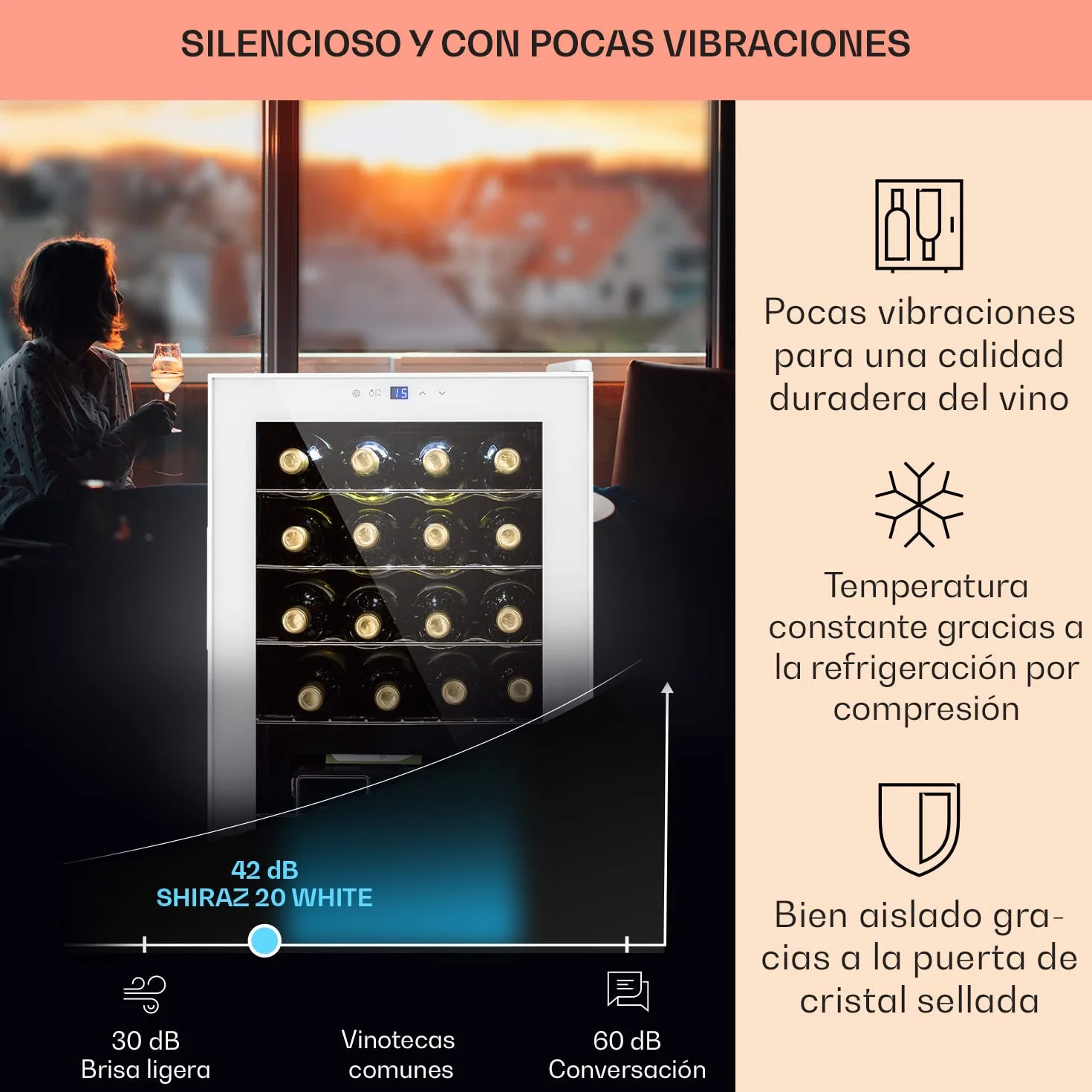 KLARSTEIN Vinoteca para Vinos de 53L Nevera Vino Una Zona, Botellas Vino, Proseco y Cervezas, Vinoteca Pequeña Puerta Cristal para Interior y Exterior, Nevera para Vinos Capacidad 20 Botellas