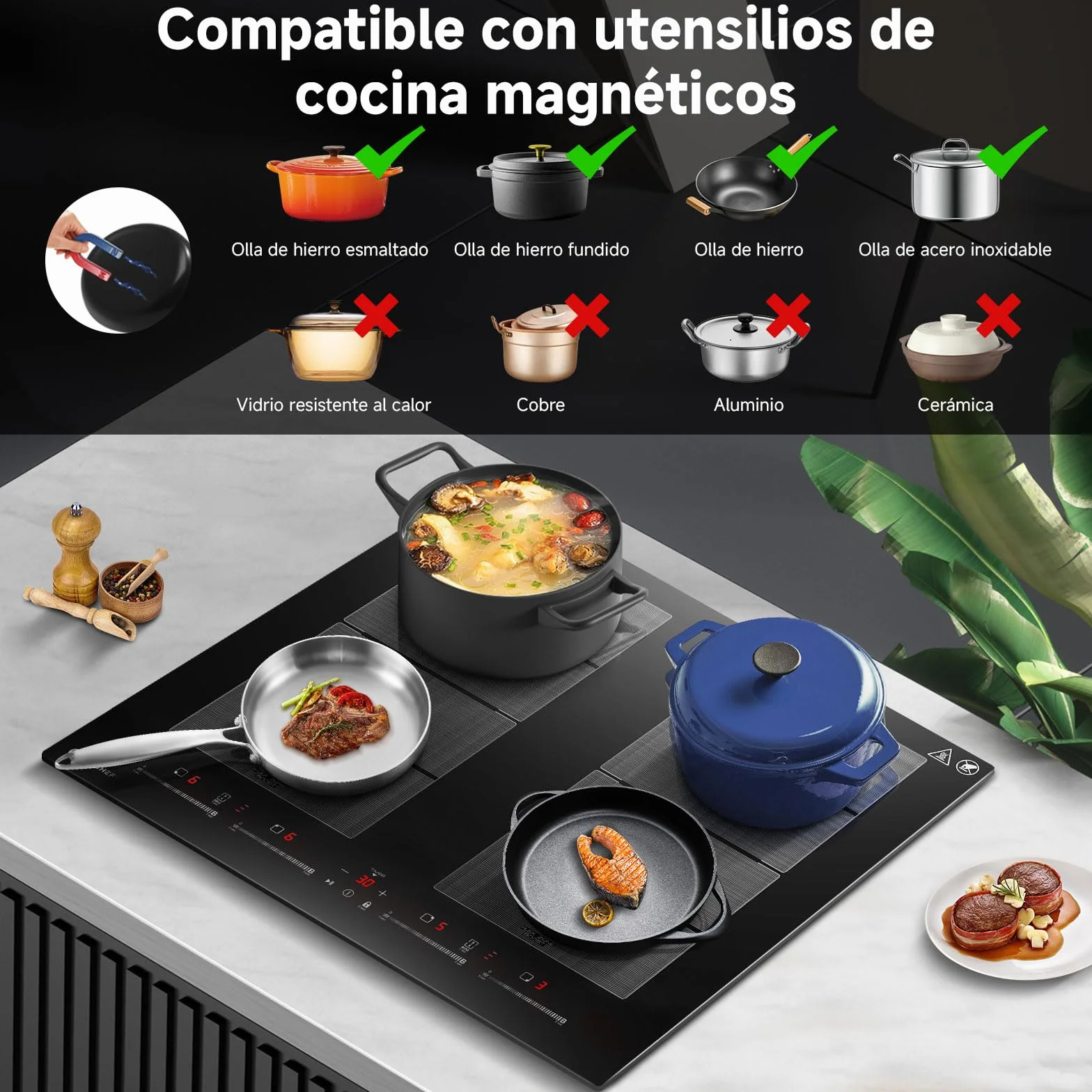 AMZCHEF placa inducción 4 zonas flexibles 7400W 42dB silencioso 9 niveles BBQ