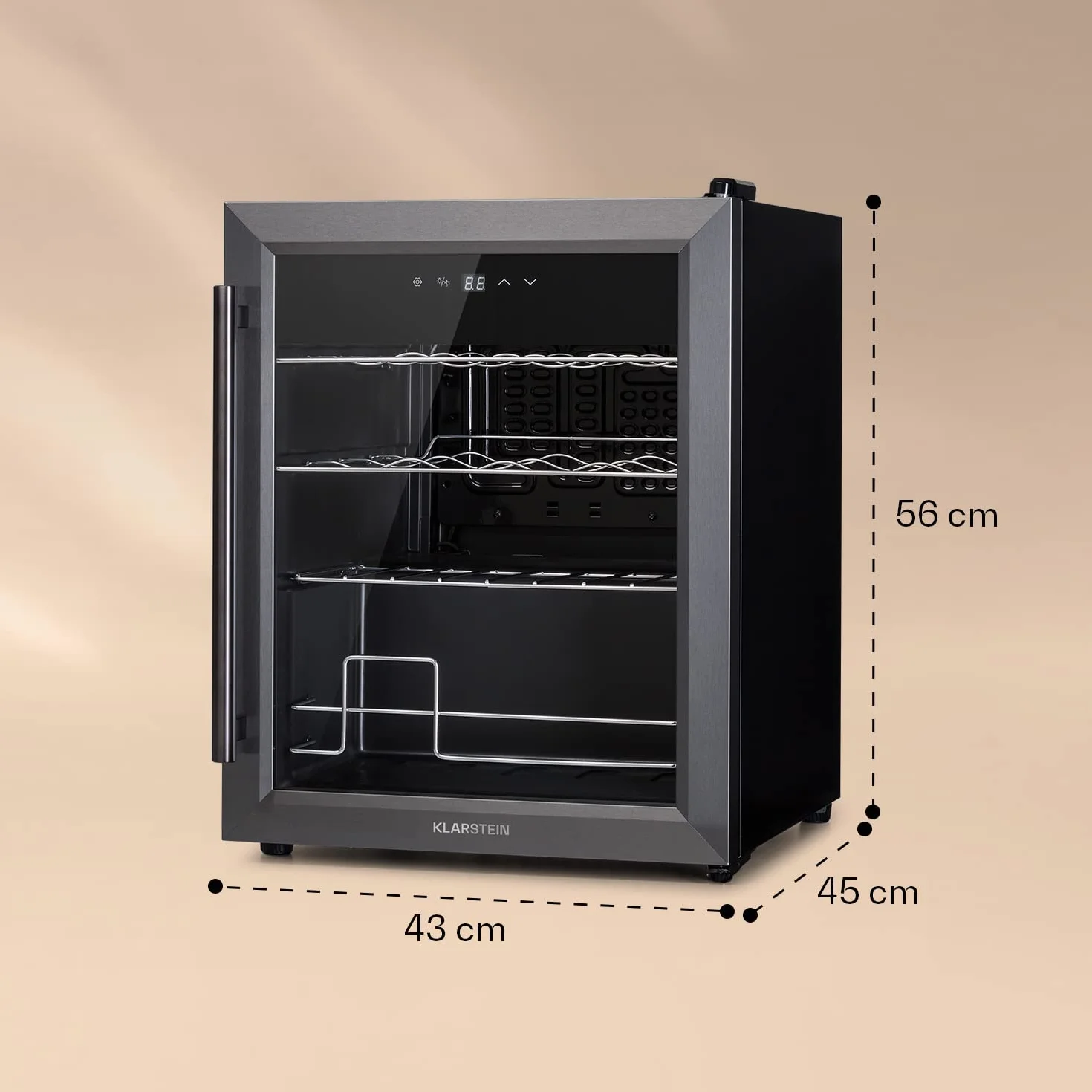 KLARSTEIN Ultimo Uno - Vinoteca, Nevera para vinos con regulador de temperatura entre 5 y 8 °C, Control táctil, Iluminación interior LED, Espacio para 16 botellas, 42 litros de volumen, Negro