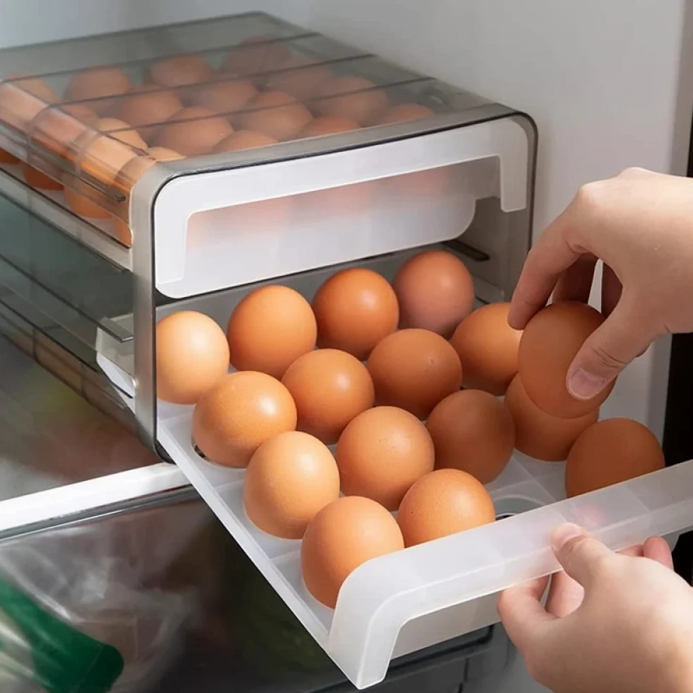 Bandeja de plástico para huevos, Caja de almacenamiento huevos con cajón doble capa, 16/32 rejillas transparentes, 24x21,5x14cm for refrigerador