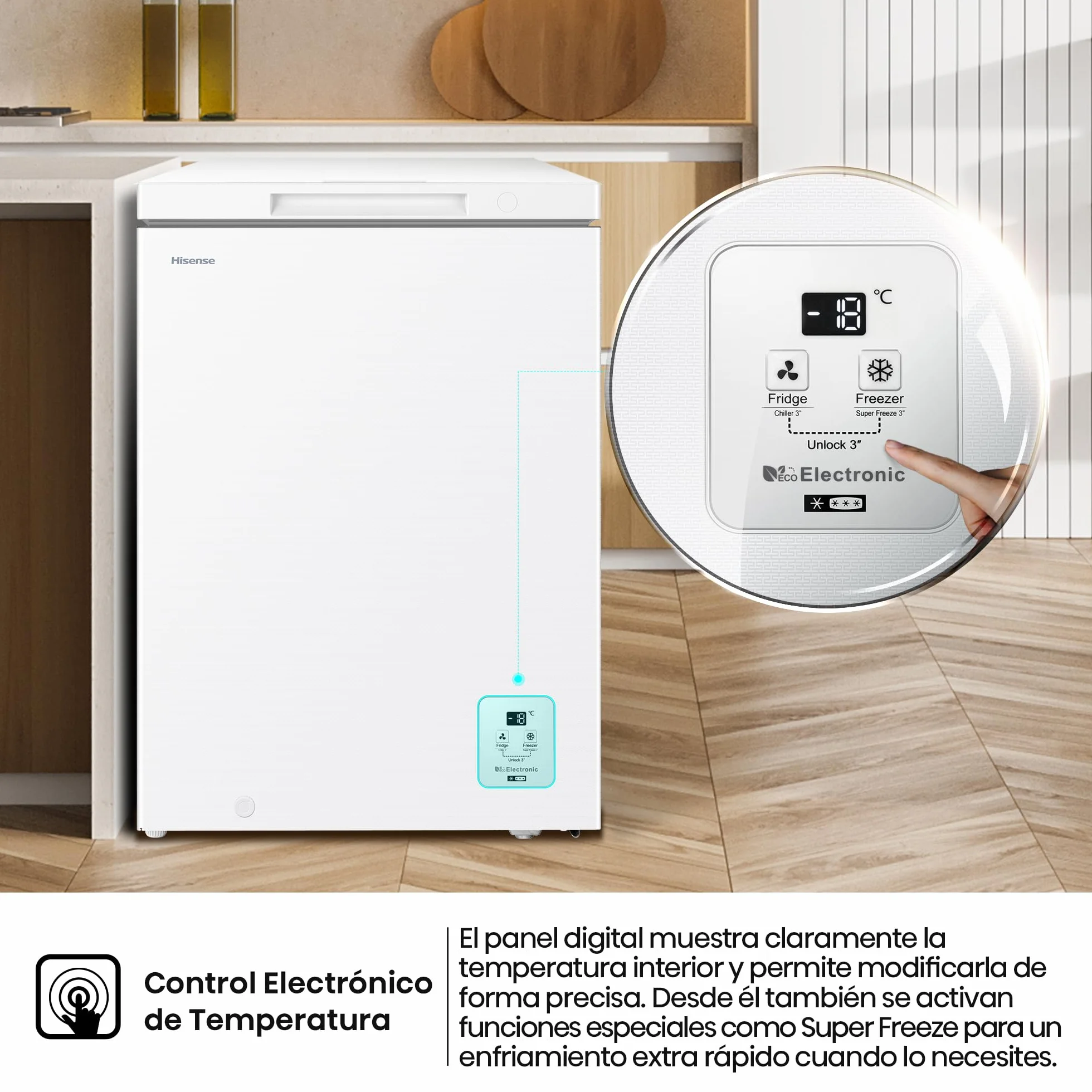 Hisense Arcón Congelador Horizontal 141L 86cm Congelación 360° Convertible Control Electrónico Freezer Protect Blanco