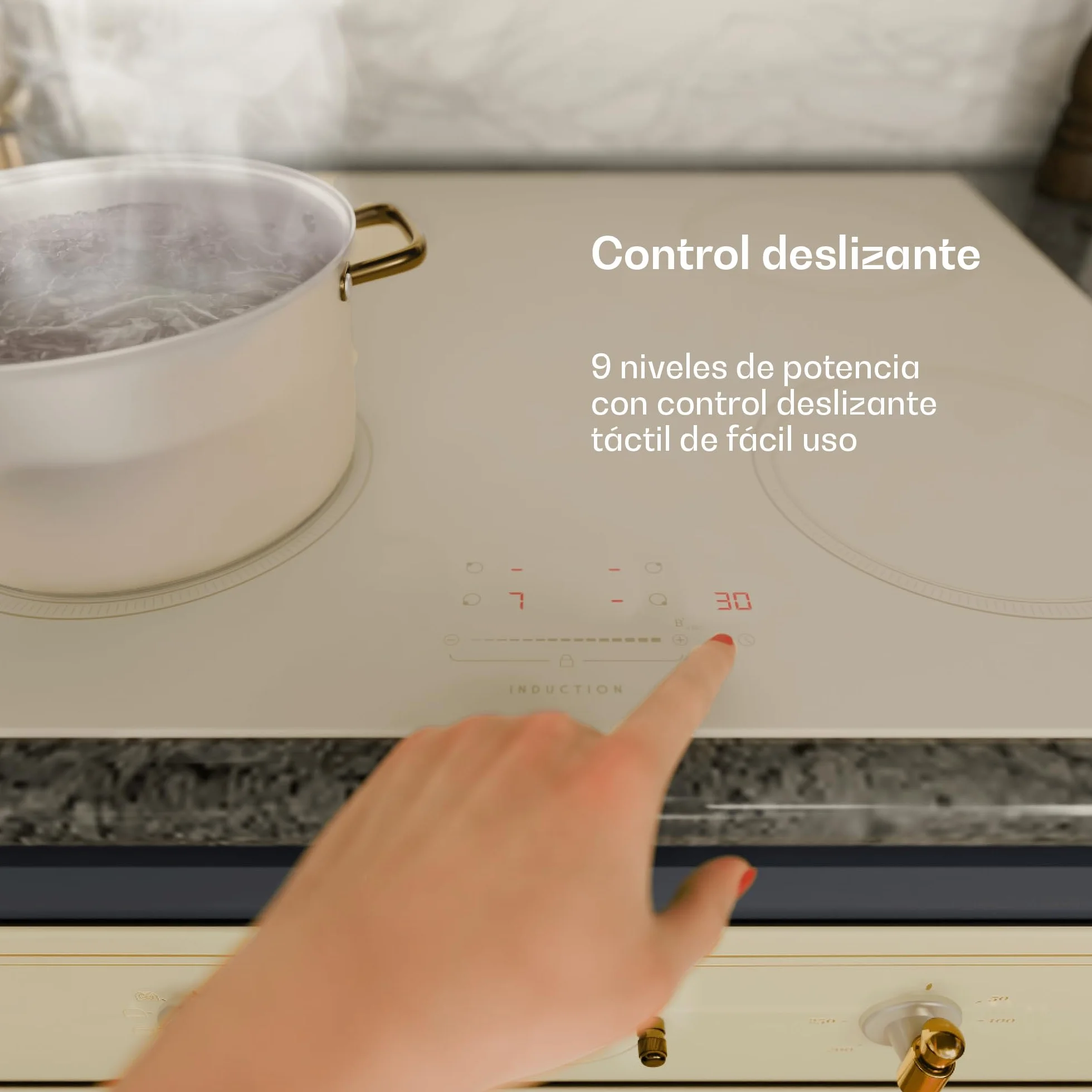 Klarstein Victoria Placa Inducción - 4 Zonas, 7000W Con Potenciadores, Control Deslizante, Temporizador & Bloqueo Infantil, Cristal Cerámico Crema, Diseño Encastrable 59cm