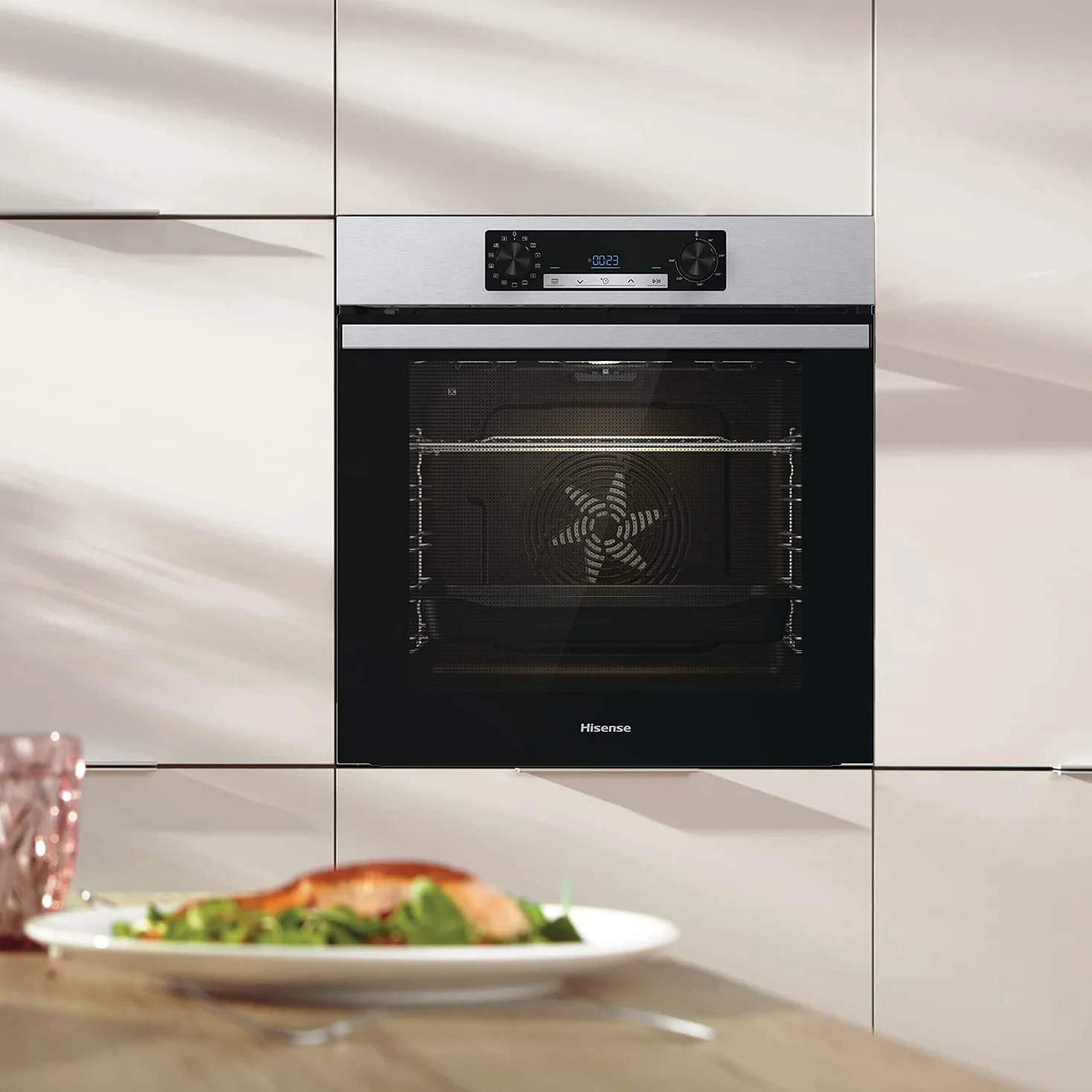 Hisense BI64211PX Horno Multifunción Pirolítico + Función Freidora de Aire sin Aceite, Gran Capacidad 77L,Cocción Simultanea 5 Niveles, ventilador XXL, Pizza mode 300º, Puertas removibles Inox
