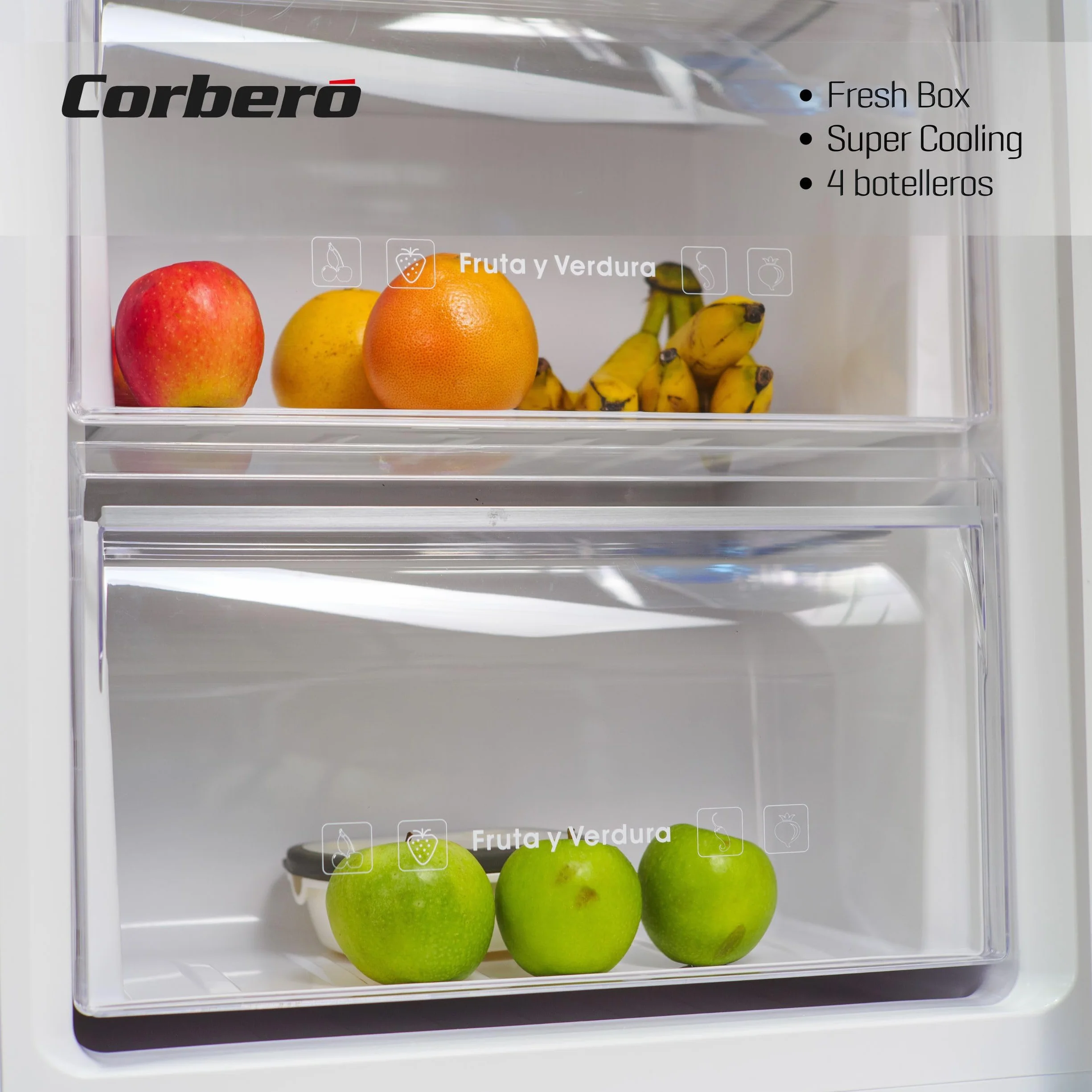 Corberó - Frigorífico 1 Puerta | CCLH18524NFW | 65x59,5x185 | Capacidad 359L | No Frost | Display en Puerta | Luz LED | 2 Crisper XXL | Fresh Box | 4 Botelleros | Tirador Easy Open | 40 Db | Inox