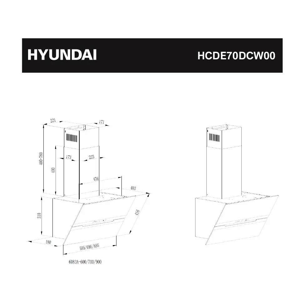 Hyundai Campana Extractora Decorativa Inclinada 70cm, Cristal Blanco, HCDE70DCW00. Potencia 831m3/h, 3 Velocidades, 2 Filtros, 64 dB Nivel Sonoro, Control Táctil, Filtros aptos para Lavavajillas