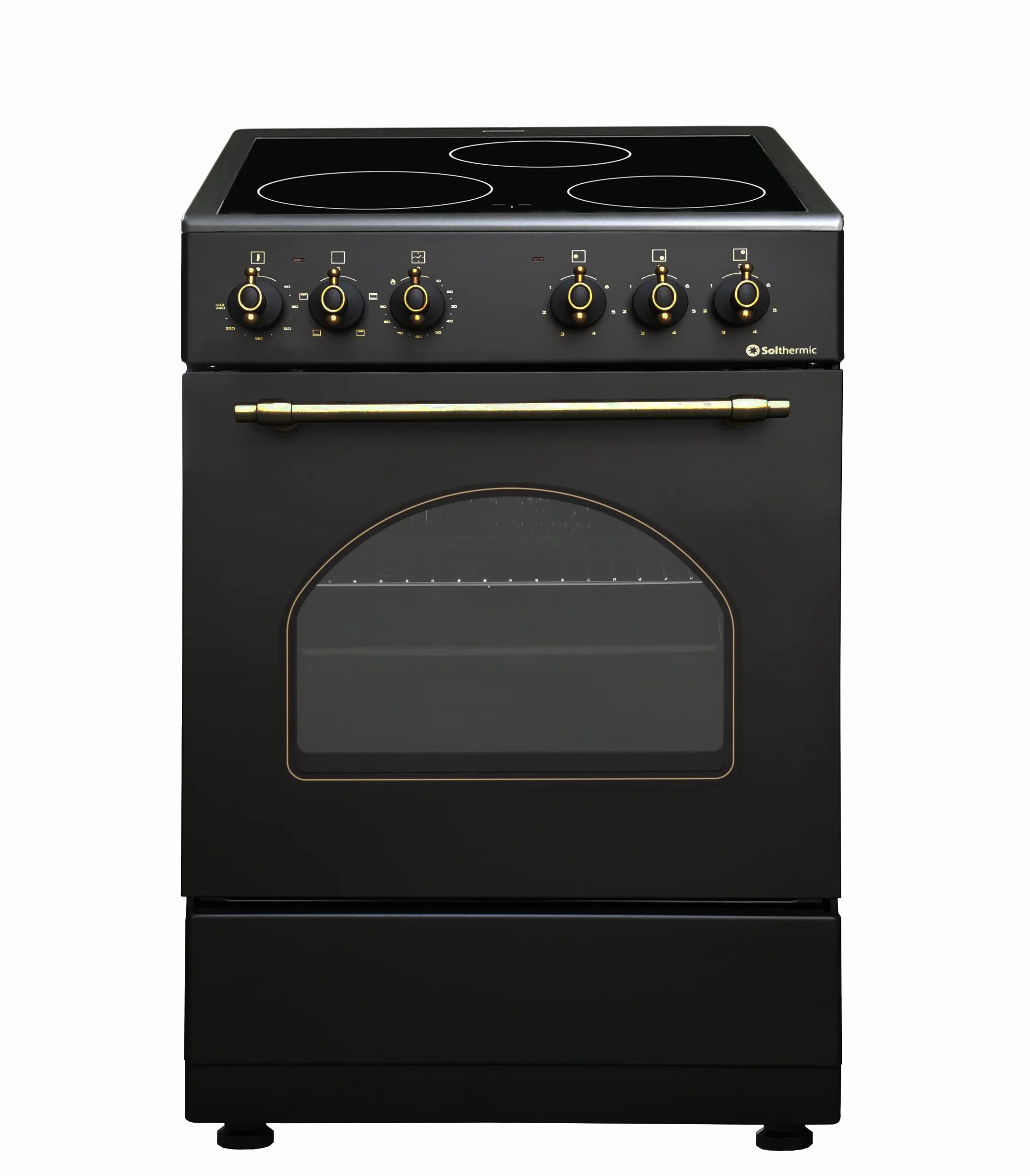 COCINA VITROCERÁMICA VTC50NEGRA CON HORNO ELECTRICO SOLTHERMIC NEGRA RÚSTICA ACABADOS DORADOS/50 CM ancho, 3 FUEGOS/HORNO ELECTRICO