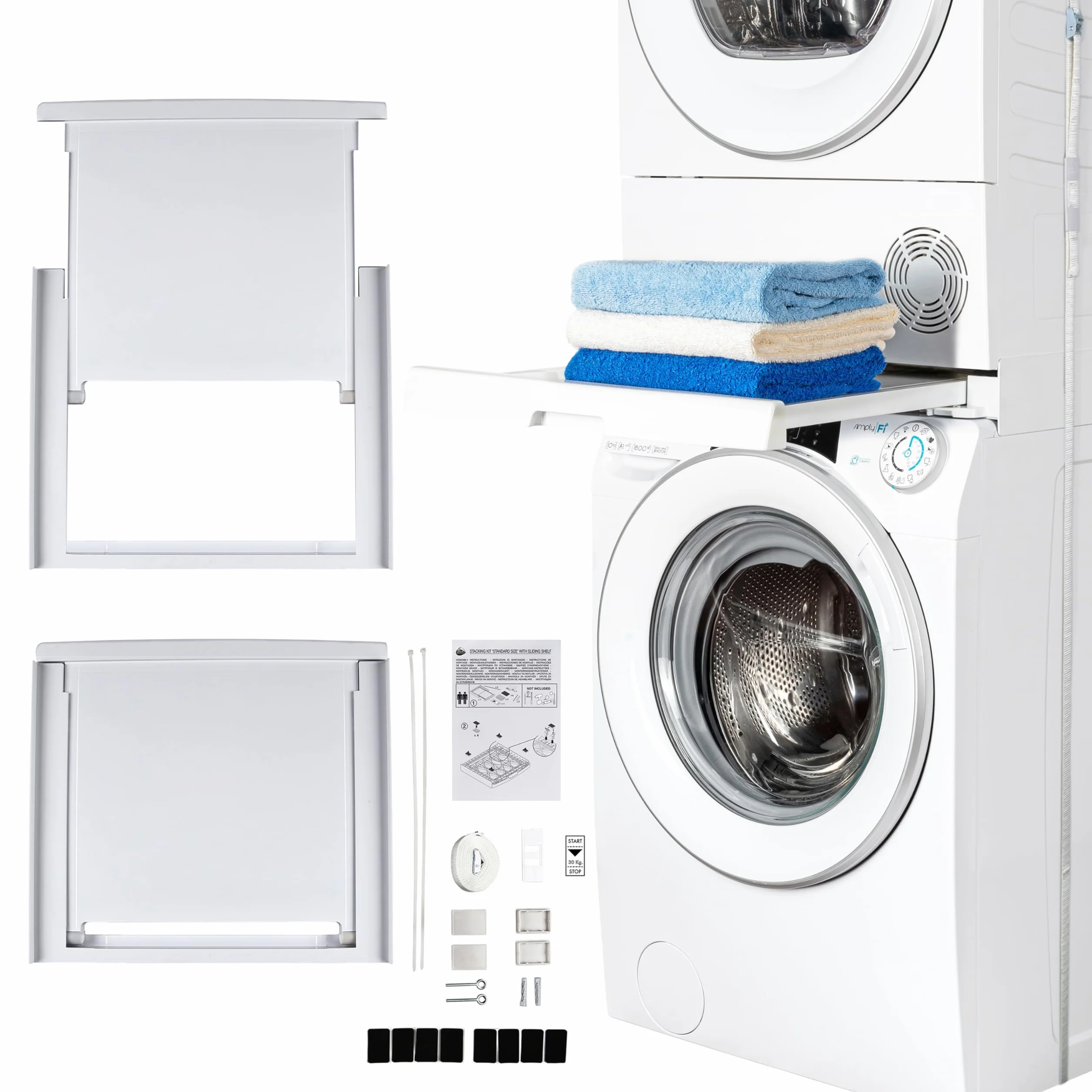 C+P Kit de Unión Universal con Estante Deslizable para Lavadoras y Secadoras, Apto para Lavadoras con Profundidad de 47-62 cm, Fácil de Instalar, Blanco, Lavadoras con Panel Recto