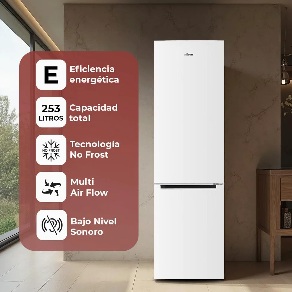 Nilson Frigorífico Combi Blanco, 2 Puertas. NC185500ENF, Capacidad 253 L, No Frost, Multi Air Flow, Bajo Nivel Sonoro, Puerta Reversible, Clasificación Energética E