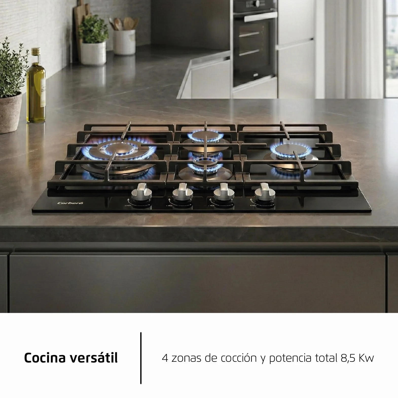 Corberó - Placa Gas Cristal LUX | CPCGM4F4126N | 4 Zonas | Potencia 8.05kW | Autoencendido | Zona WOK | Capa protección Clean + | Desconexión Automática | Cristal Negro
