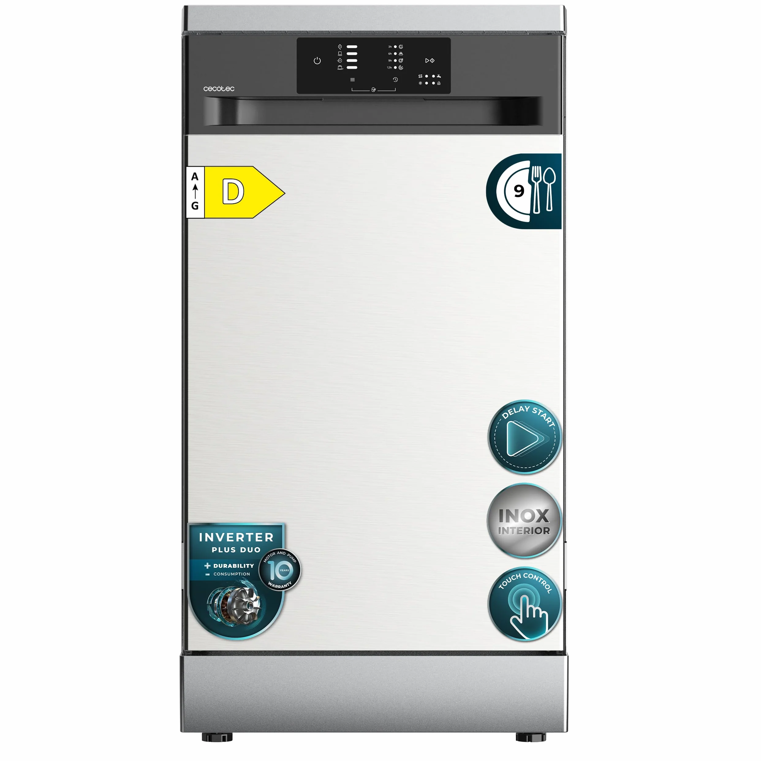 Cecotec Lavavajillas 45 cm Libre Instalación Bolero Aguazero 4350 Inox. 9 Cubiertos, 4 Programas, Motor Inverter Plus Duo, Panel Touch, Autoclean, Delay Start, Cesta para Cubiertos, Inox
