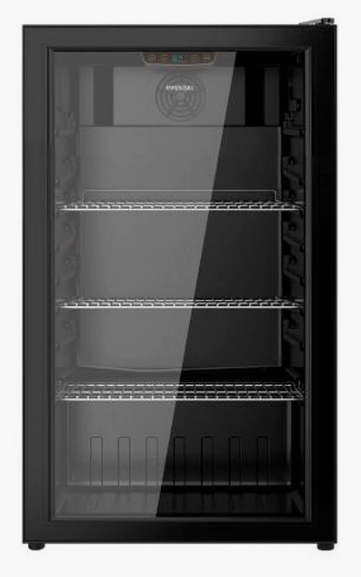 INFINITON Vitrina Frigorifica FTS-90L85NEG, 90 Litros, Altrua 83 cm, Fan ADD Cooling, 3 Estanterias, Led Interior, Doble Cristal, negro, E