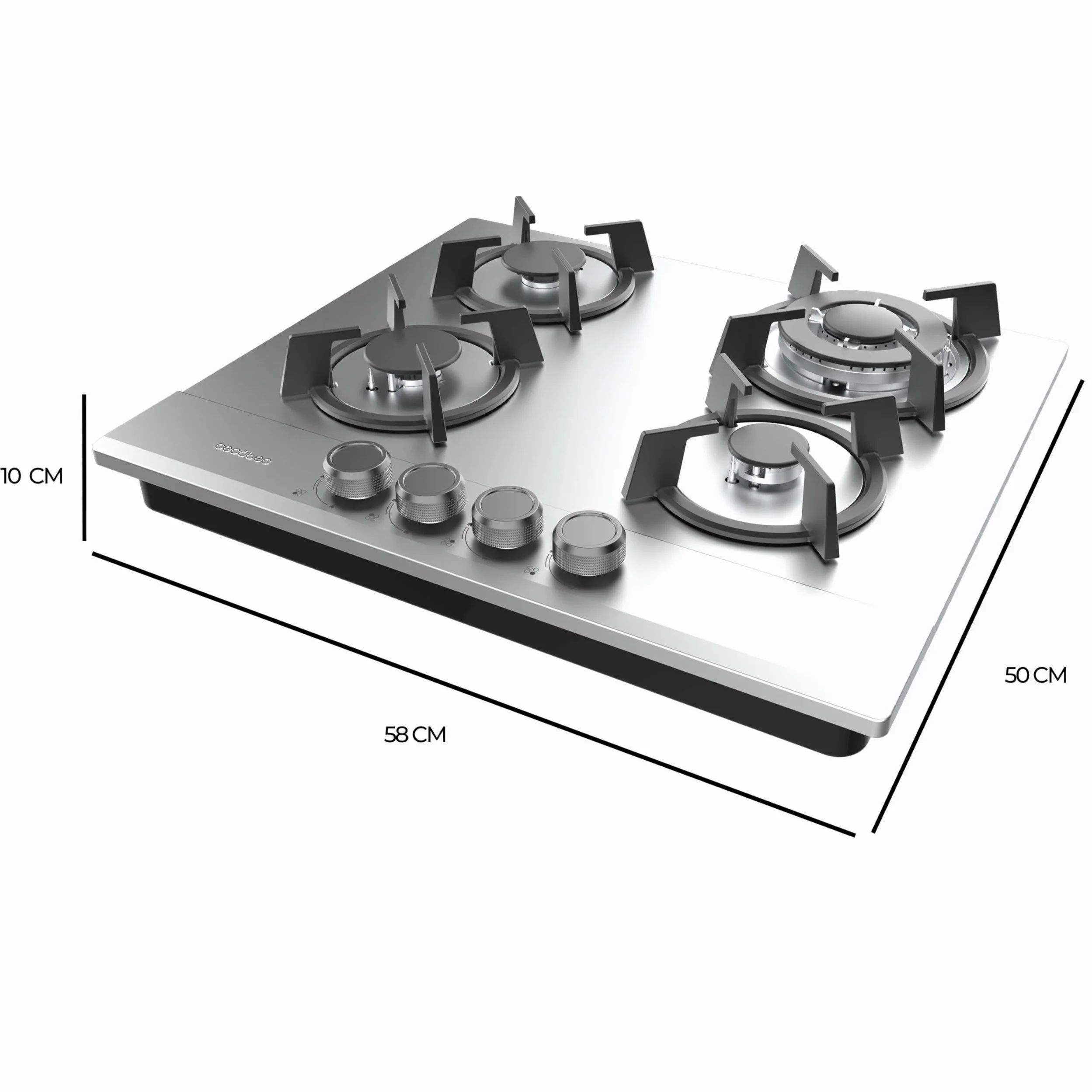 Cecotec Placa de Gas Butano y preparada para Gas Natural 4 Fuegos Bolero Squad G 4200S Inox. 8000W. Acero Inoxidable, Parrillas Individuales Hierro Fundido, WOK Triple Corona, Encendido Eléctrico
