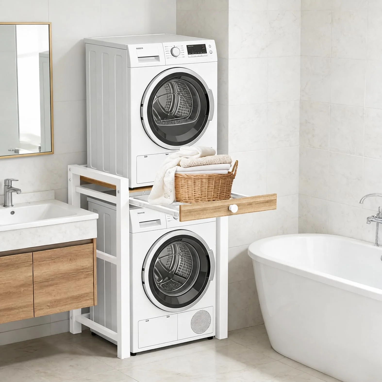 Estantería para lavadora, lavadora y secadora superpuestas, capacidad de carga de 300 kg, armario de lavadora para baño, cocina, balcón, lavandería (blanco con cajones)