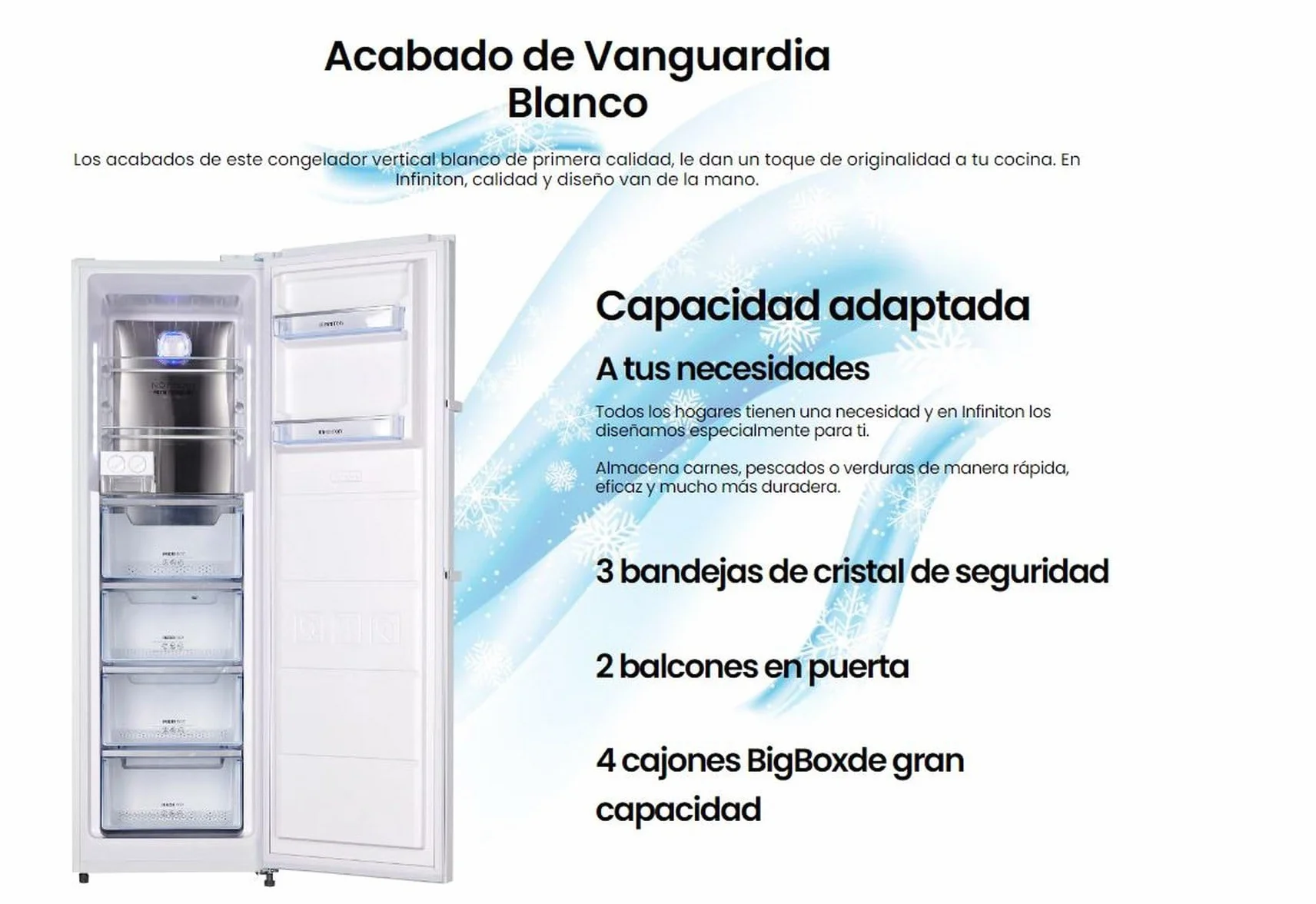 INFINITON Congelador Vertical CV-265L85, 282 Litros, 185 cm, No Frost, E, No Frost Technology, Fast freezing,Alarma óptica y acústica de puerta abierta, Fabricador de hielo (Blanco || CV-265L85WEM)