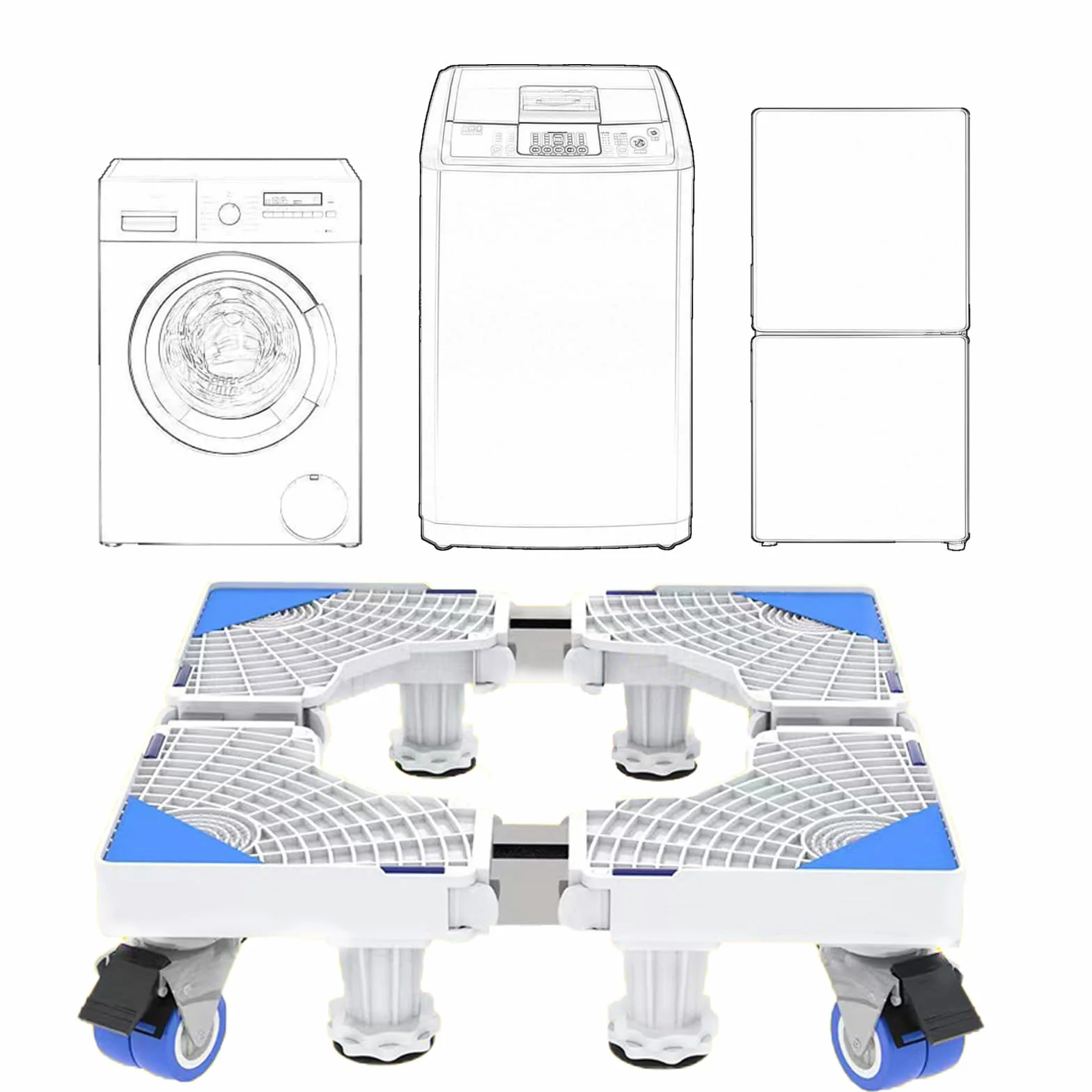 Base extraíble para lavadora, base ajustable de 41 a 64 cm, para secadora, frigorífico, alta resistencia, amortiguador y reducción de ruido [clase energética A+++] (4 patas y 4 ruedas)