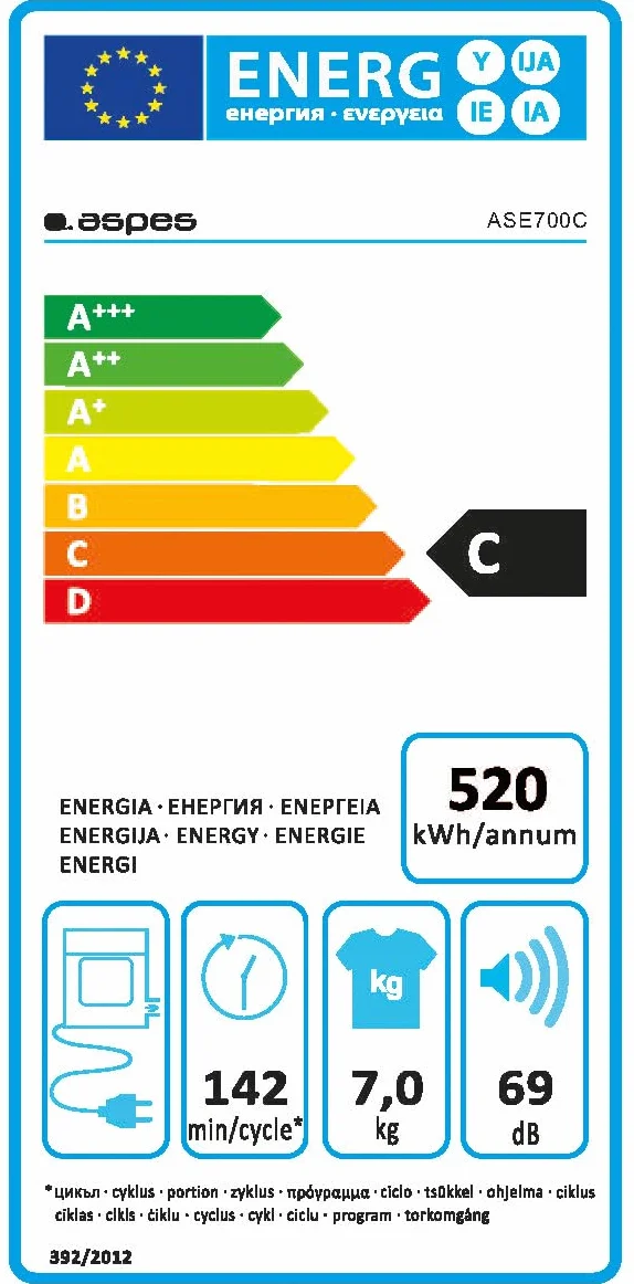 Aspes Secadora de Evacuación 7Kg Carga Frontal Blanco ASE700C. 2000W, 16 Programas, Función Antiarrugas, Función Antiarrugas, Display LED manual, Eficiencia Energética Clase C