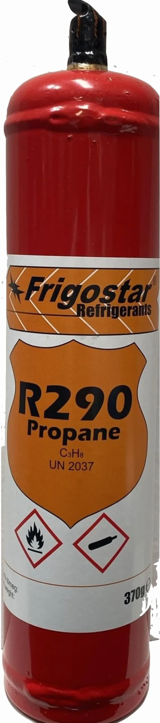M Shop Italia R290 bombona 370 g + tubo 1/4" F-1/4" F con preválvula para recarga frigoríficos secadoras bodegas