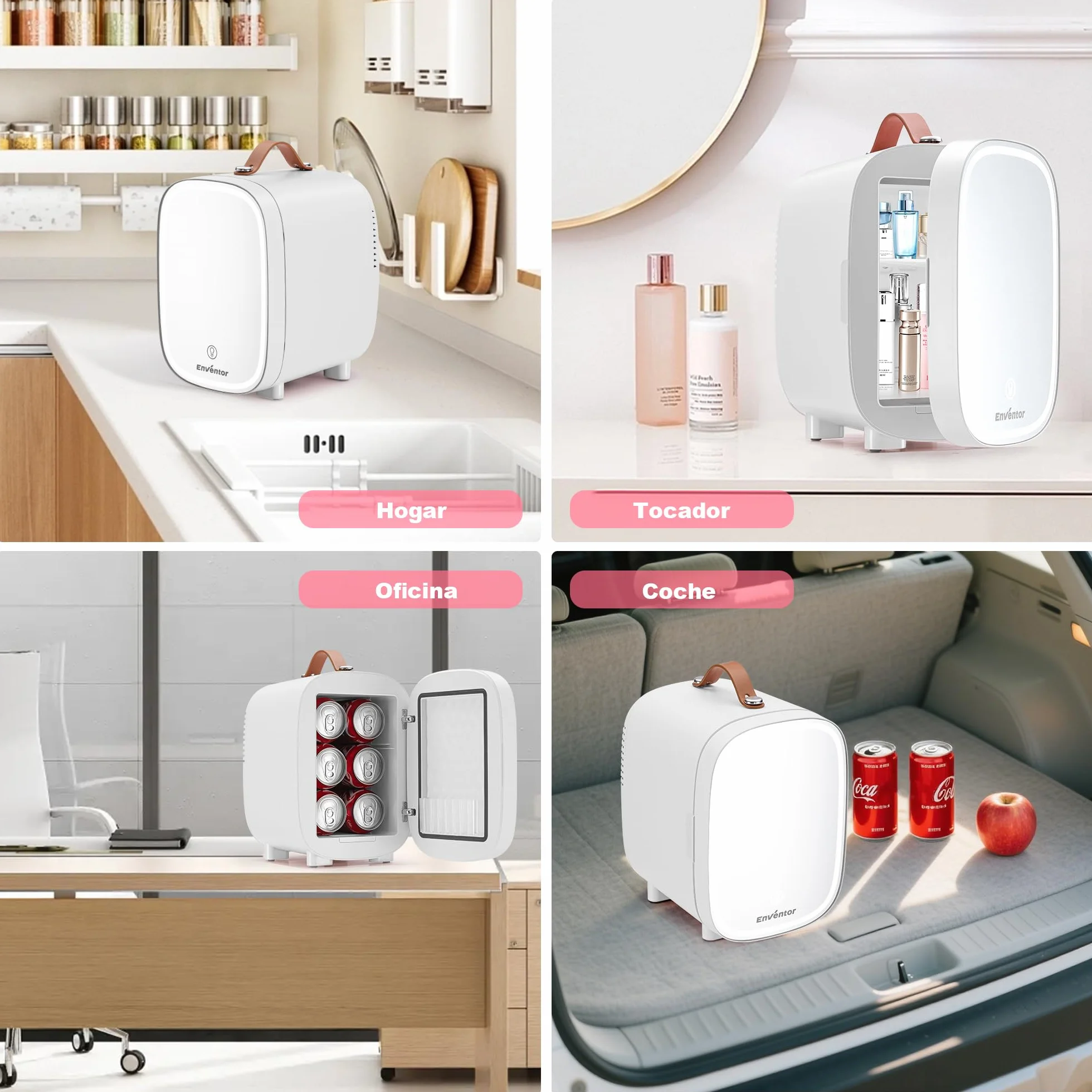 Enventor 4L 6 Latas Nevera Pequeña Blanco, Mini Frigorifico con Enfriador y Calentador, Espejo con Luz LED Regulable, Alimentación Dual, Mini Nevera para Habitacion, Oficina y Coche