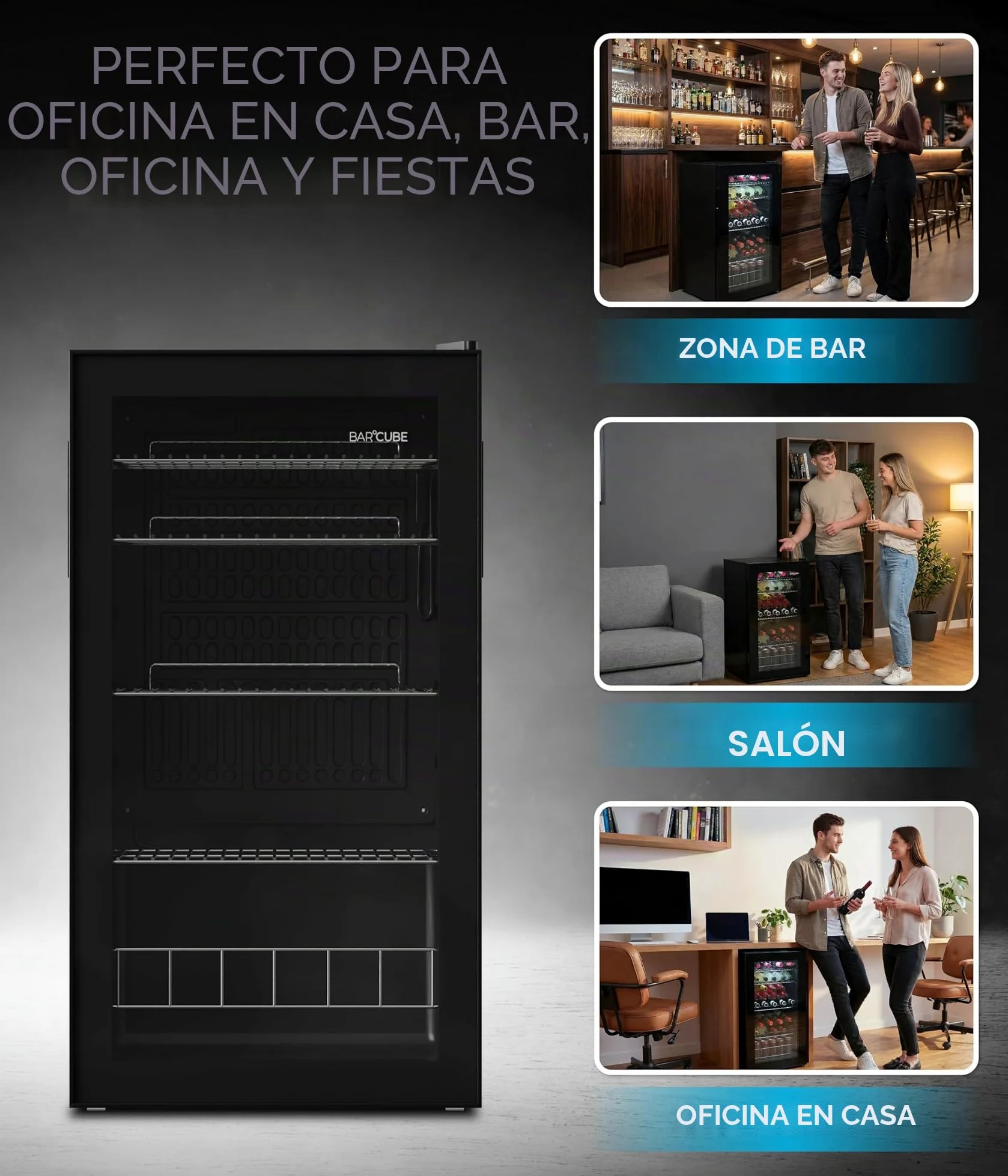 °CUBES Frigorífico para bebidas BAR 90L, frigorífico con puerta de cristal, con 4 estantes