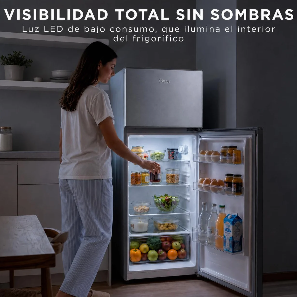 Midea Frigorífico 2 puertas 140 cm alto x 55 cm ancho, Inox, Capacidad 204 L, Nevera Pequeña con Congelador Low Frost de Bajo Consumo, Puerta Reversible, Luz LED, Silencioso 40dB, Cajón de Frutas
