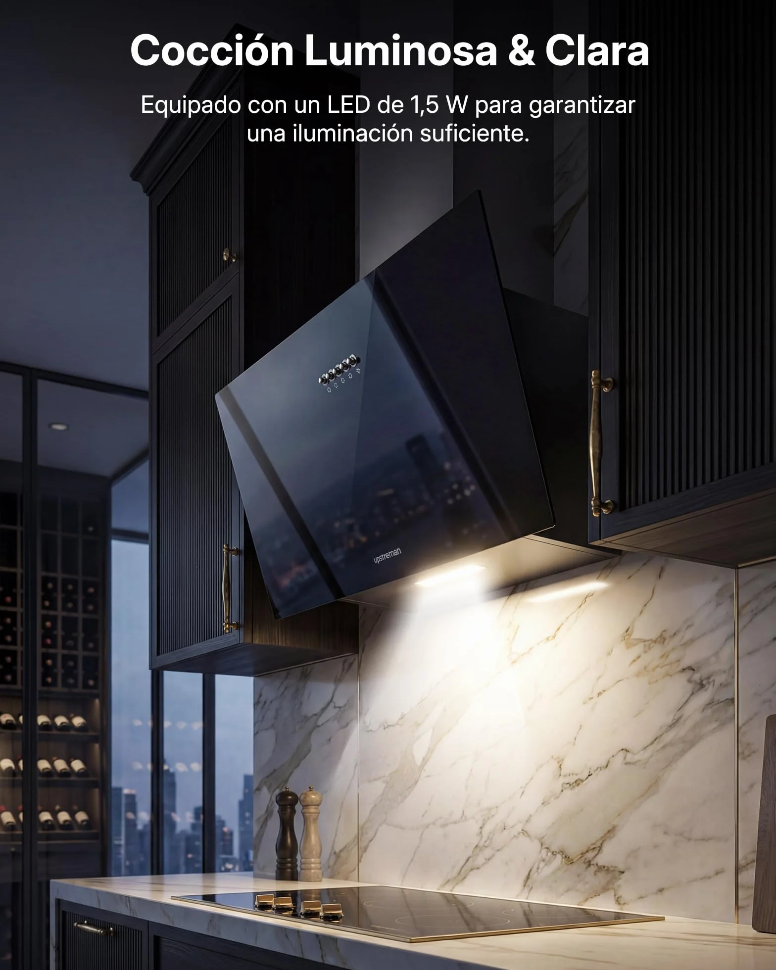 Upstreman Campana Extractora 60 cm, A+++, 56 dB, Diseño Inclinado | 3 vel (324 m³/h), bajo consumo 7 kWh, evita golpes, visión despejada, filtros carbón, LED, filtro lavable, cristal templado