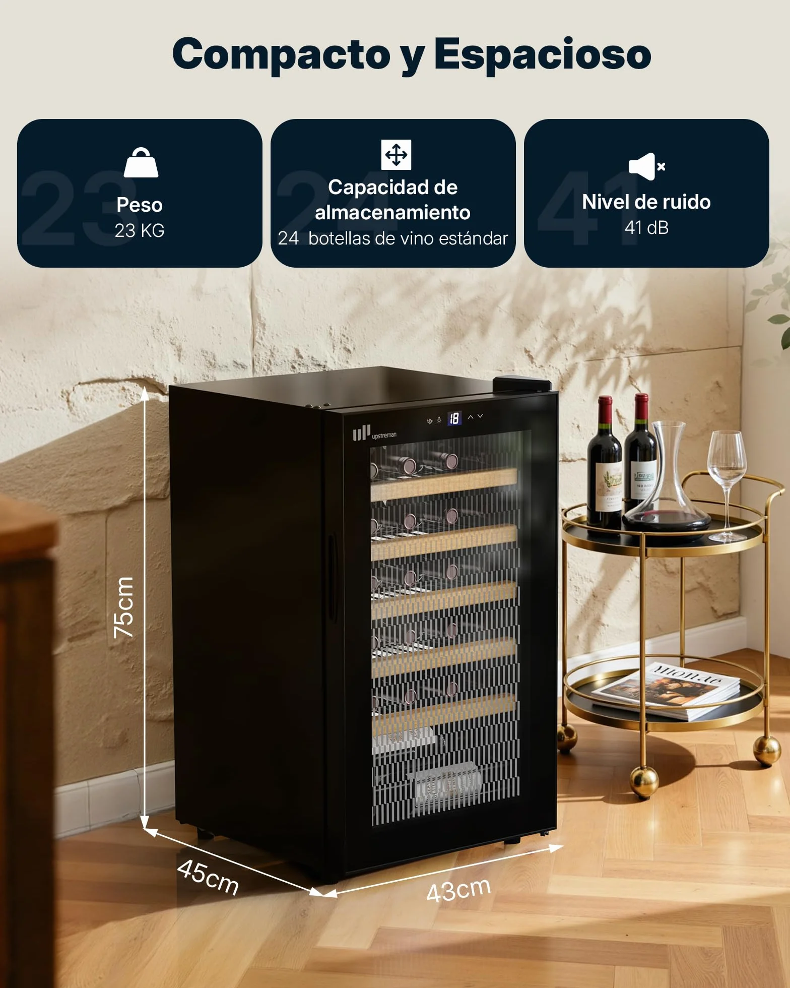 Upstreman Vinoteca para 24 Botellas, 5°C - 20°C Ajustable, Empotrable & Bajo Encimera, Doble Acristalamiento, Pantalla Táctil, Iluminación LED, 5 Baldas, Bodega de vino Negro W24