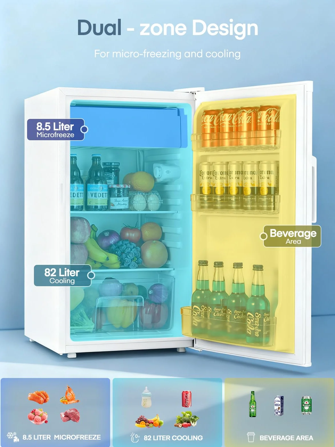 FOHERE Frigorífico con Congelador 90L, Nevera Pequeña Compacta, 7 Temperatura Regulable, 84kWh/año, Eficiencia Energética E, Silencioso, Ideal para Dormitorio, Oficina, Cocina, Caravana y Camping