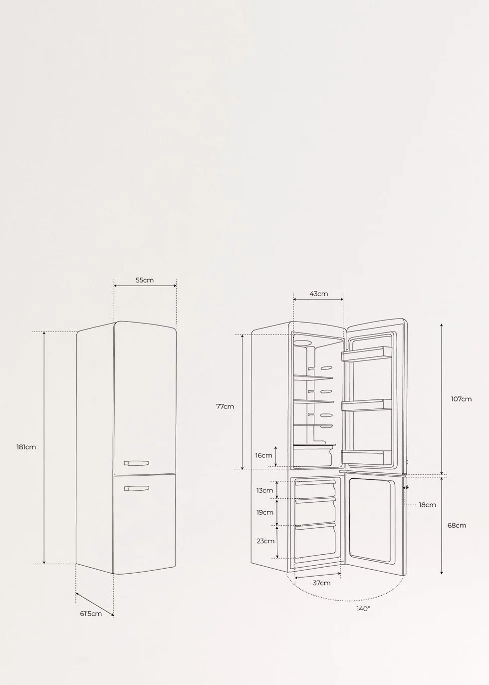 CREATE / FRIDGE STYLANCE/Frigorífico Combi 244L Blanco roto/Diseño y estilo Retro Vintage. Materiales resistentes. Práctica y funcional. 90W