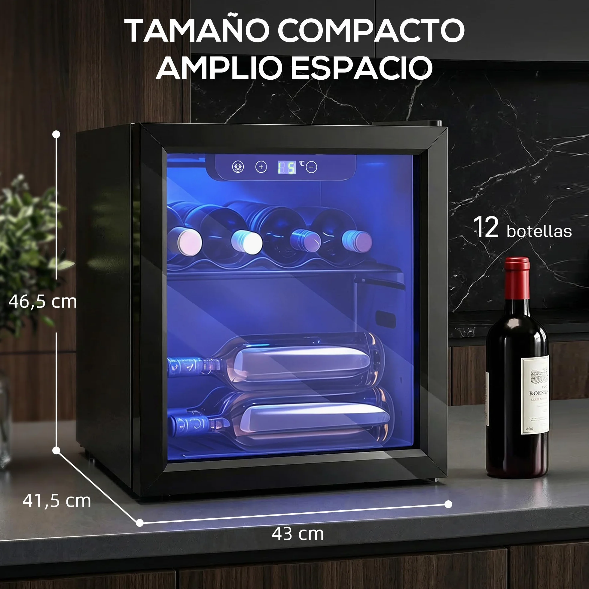 HOMCOM Vinoteca 12 Botellas, Nevera para Vinos con Capacidad de 36 L, Temperatura Ajustable 4-16℃, Puerta de Vidrio, Luz LED, Pantalla Táctil Digital, para Bebidas, Negro