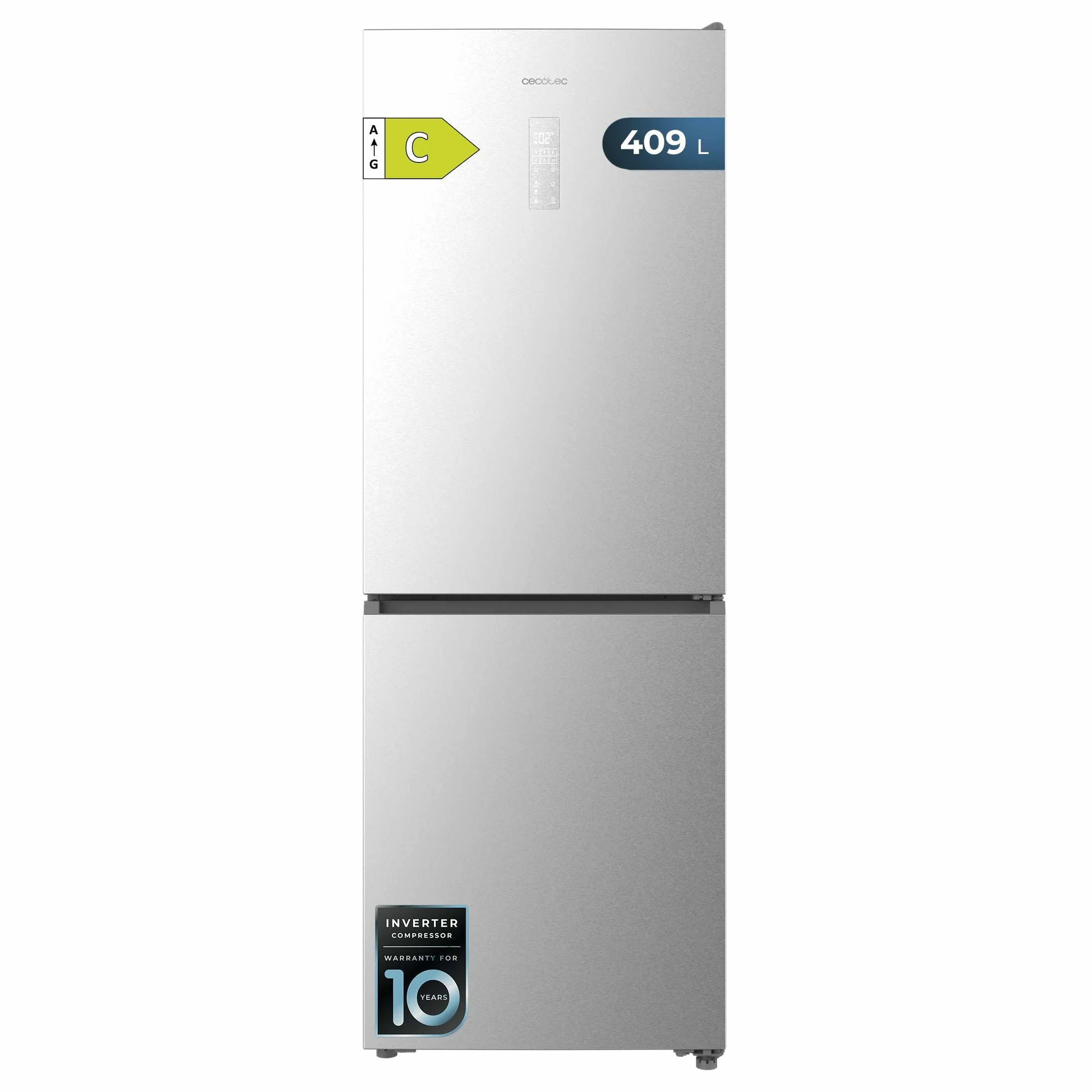 Cecotec Frigorífico Combi 409L Total No Frost Bolero CoolMarket Combi 409 Inox C. Altura 185cm, MAX INSIDE con VIP Tech, Compresor Inverter Plus, Bajo Consumo, Cajón Temperatura Variable, Inox