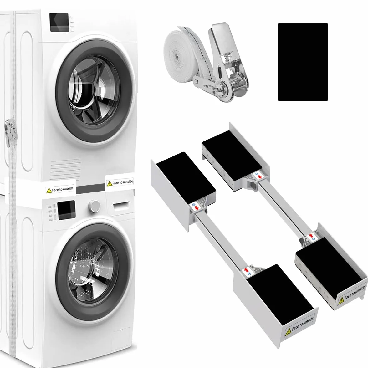 NIUXX Kit Apilado Universal para lavadoras y secadoras, soporte de conexión para lavadoras, Equipado con bridas de nylon y correas de trinquete, tamaño ajustable (45-64 cm)
