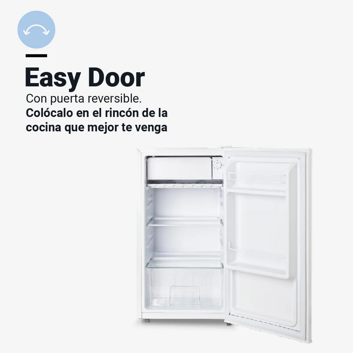 UNIVERSALBLUE Frigorífico Mini Bajo Encimera 90L Blanco - Puerta Reversible, Bajo Consumo, Congelador 0º a -3º, Almacenamiento Fácil, Luz Interior | Nevera Mini