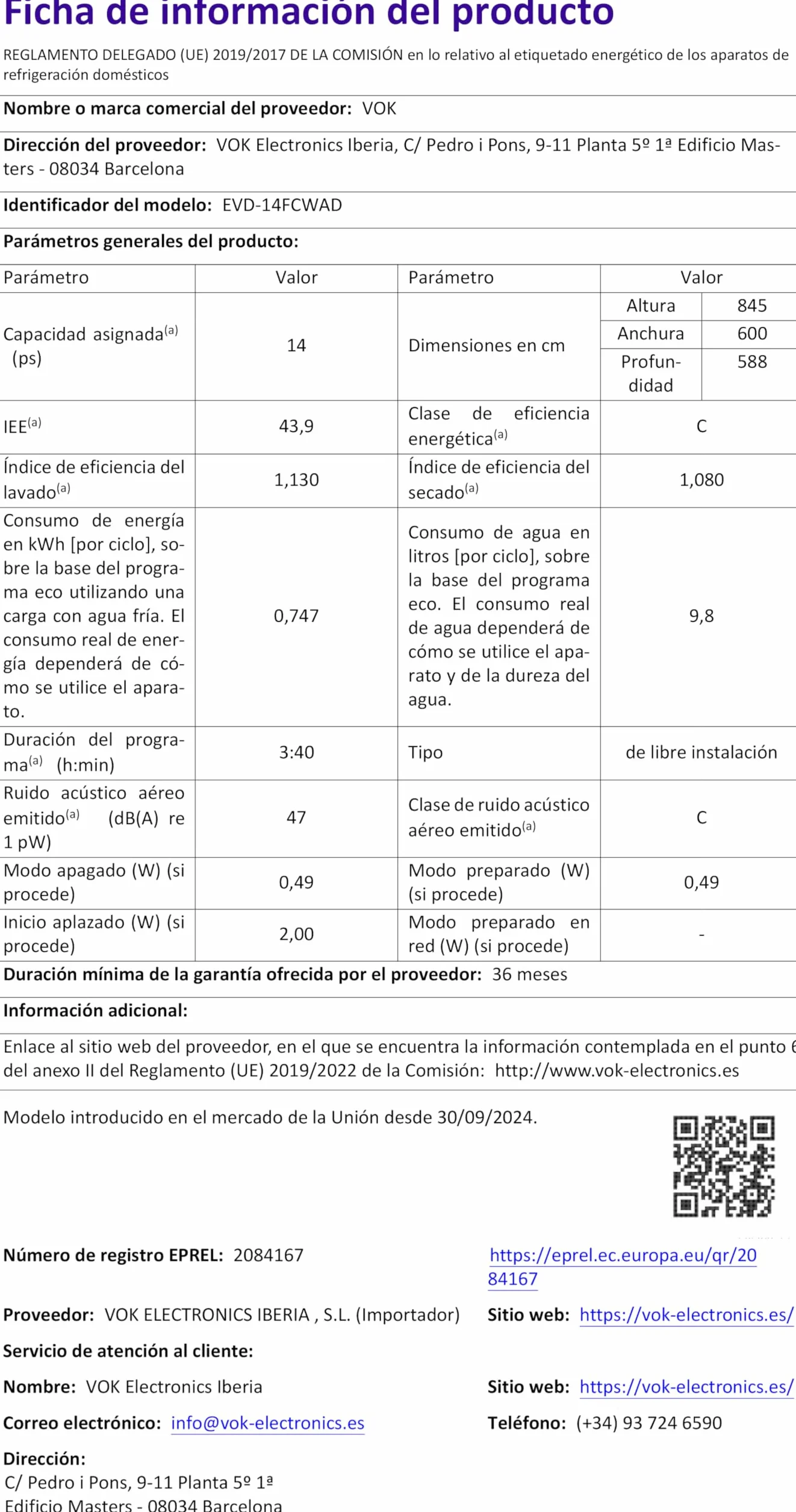 VOK Lavavajillas 60 cm 14 Cubiertos 8 Programas 47 dB Silencioso Clase C 3ª Bandeja Apertura Automática Blanco