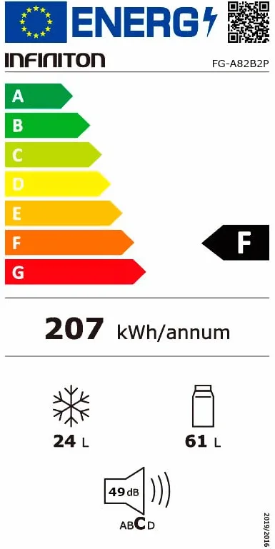 INFINITON | Frigorifico FG-A82B2P | Dos Puertas | Capacidad 85 L | Descongelación DEFROST | Alto 85 Cm | Clase Energética A+ /F | Temperatura Regulable | Color Blanco |
