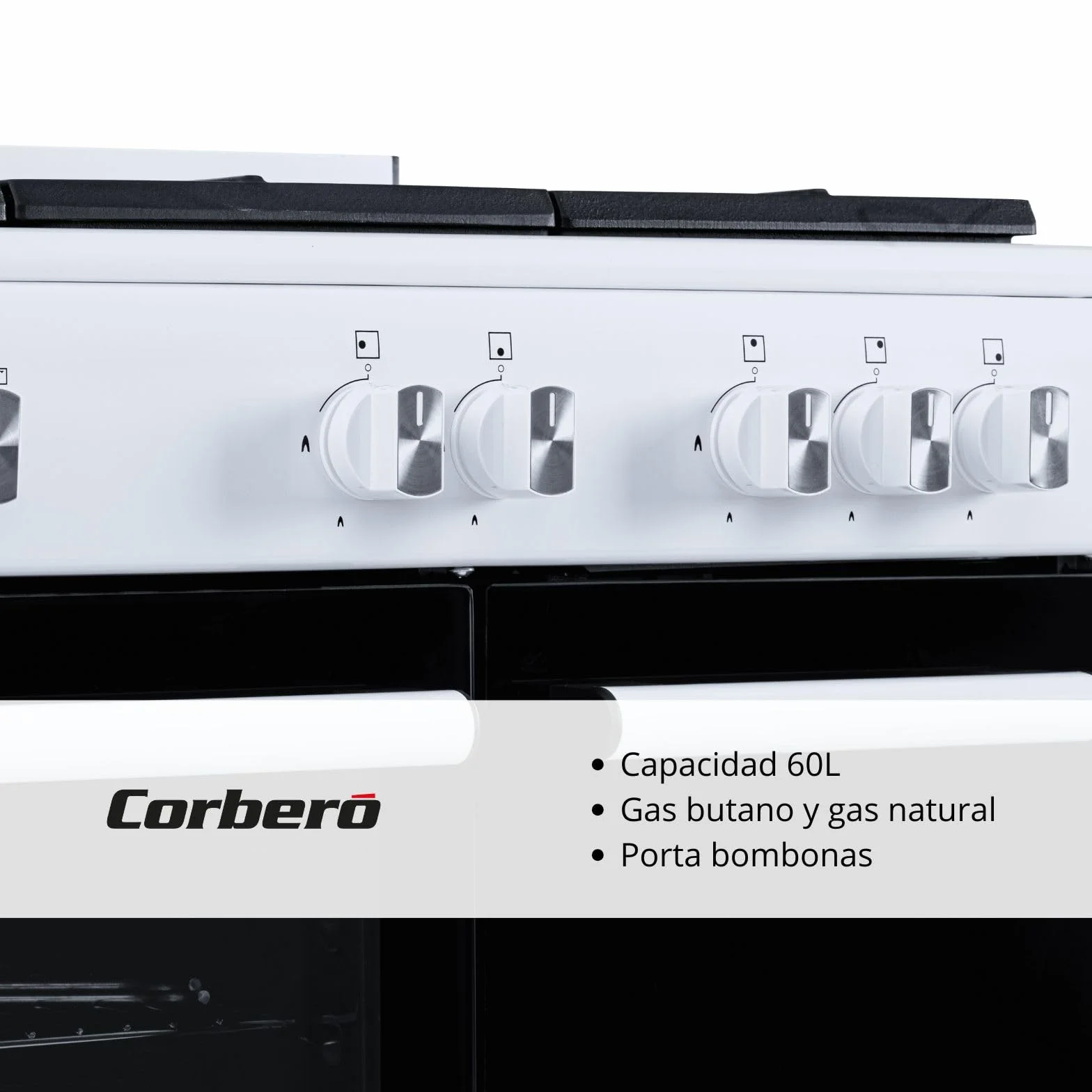 Corberó - Cocina de Gas Butano 5 fuegos | CCSF5GB922W |80x90x60| Horno 60L | Wok a la Izquierda | Encendido Manual | Cajón Calientaplatos | Bandeja y Parrilla Extra Gruesa | Con tapa | Blanco